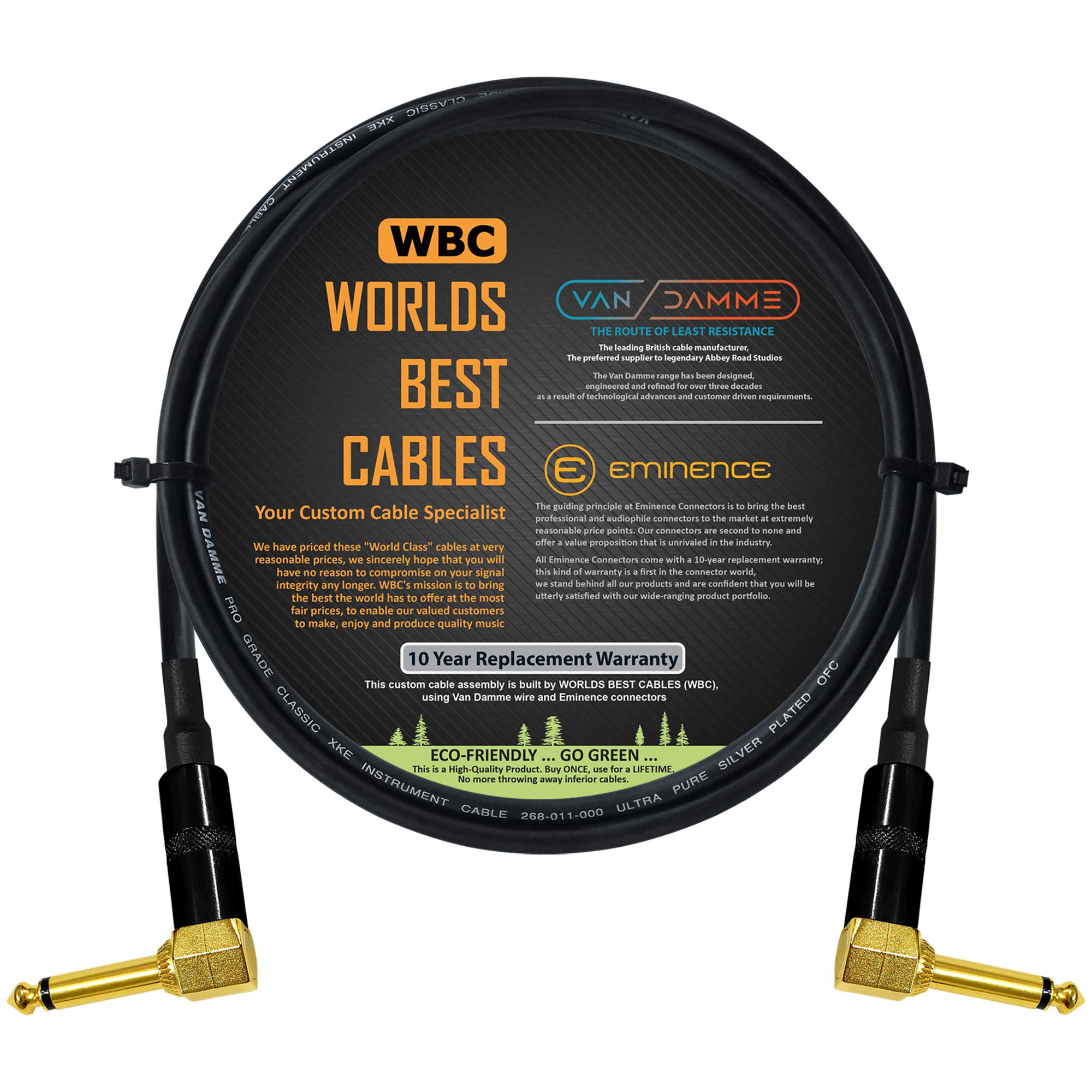 50 CM - Van Damme Pro Grade Classic XKE - Premium, Ultra-Flexible Multi-Shielded Guitar Bass Instrument Effects Pedal Patch Cable w/Eminence R/Angled Gold ¼ inch TS Plugs & Staggered Boots