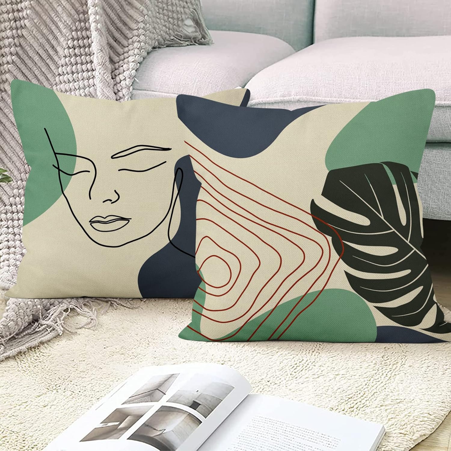 Yeele 18x18inches Abstract Minimalist Throw Pillow Covers Modern Line Art Woman Portrait with Contemporary Leafy Geometric Details Pillow Case Set of 4 Cushion Case for Sofa Couch Bed Home Decors