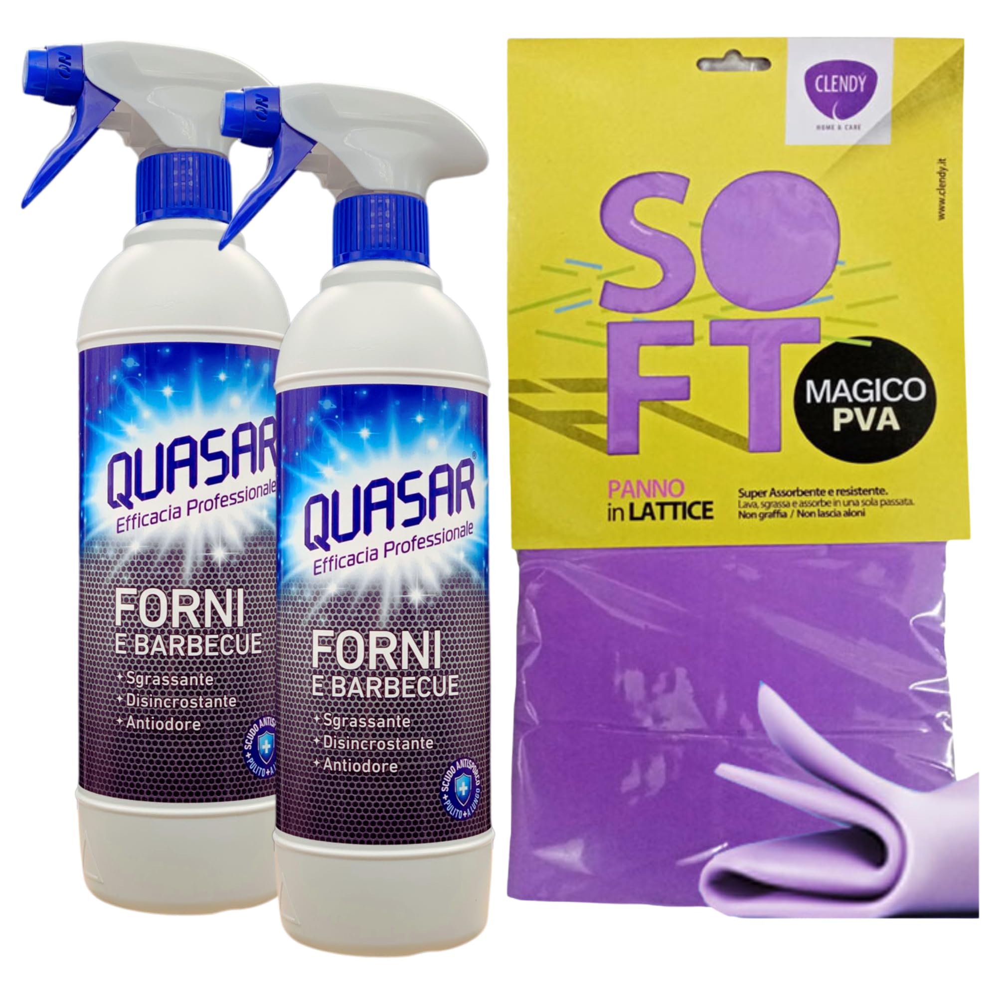 SET QUASAR: 2x Detergente Spray FORNI & BARBECUE, Sgrassante, Disincrostante e Antiodore 580ml + Panno In Lattice SOFT, Formato 30x30