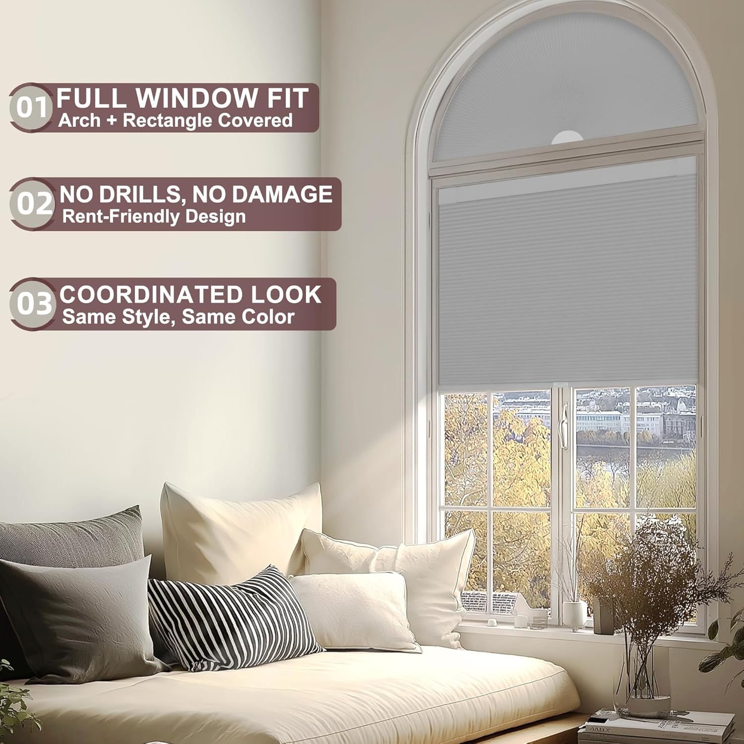 Arch Window Shades Blackout Half Circle Cordless Cellular Shades No Drill Half Moon Honeycomb Blinds for Indoor Window Thermal Insulation Noise Reduction,Blackout-White,36 Radius