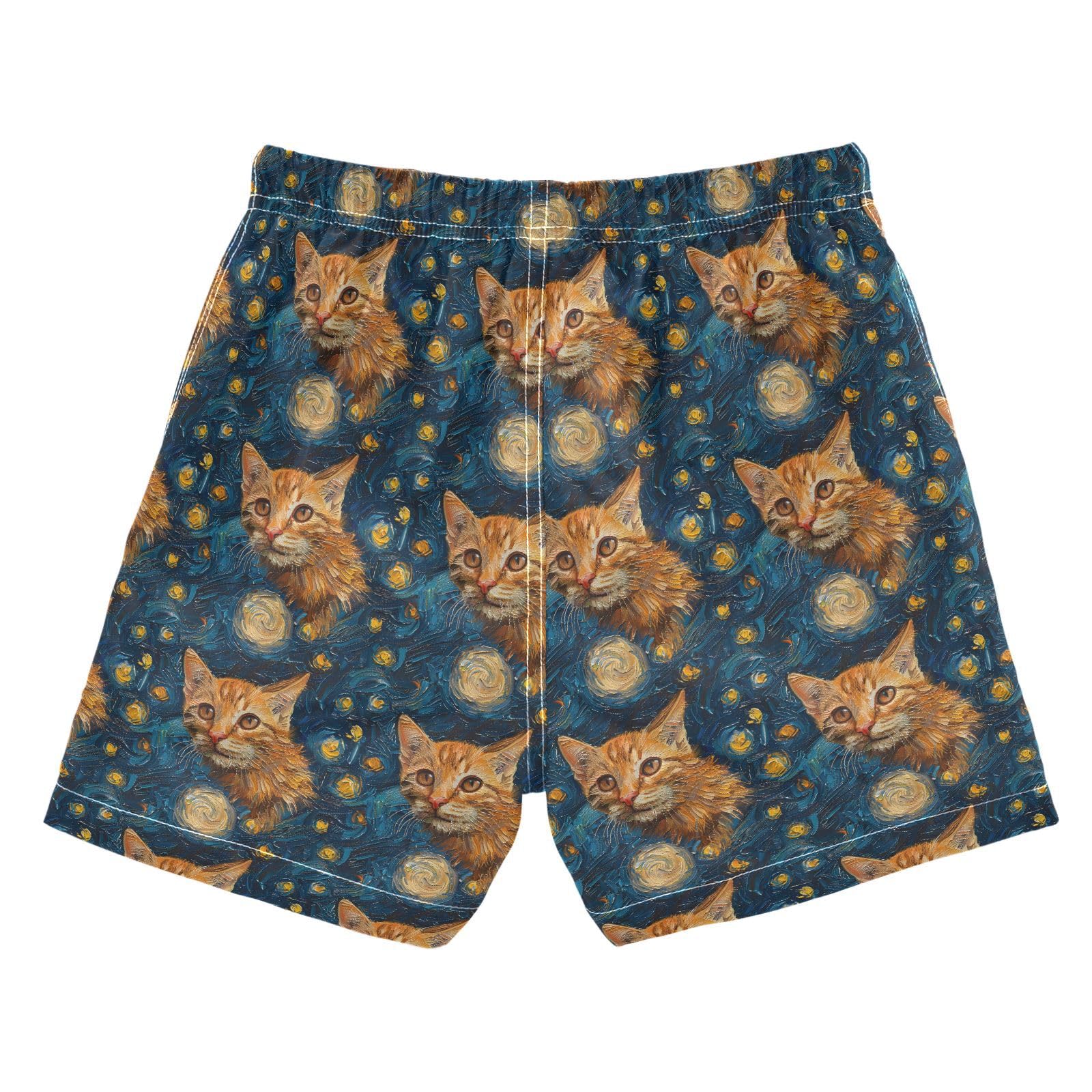 ALAZA Cat Kitten Watercolor Van Gogh Boys' Swim Trunks Beach Shorts Quick Dry Swimsuit 8 Years Multicoloured