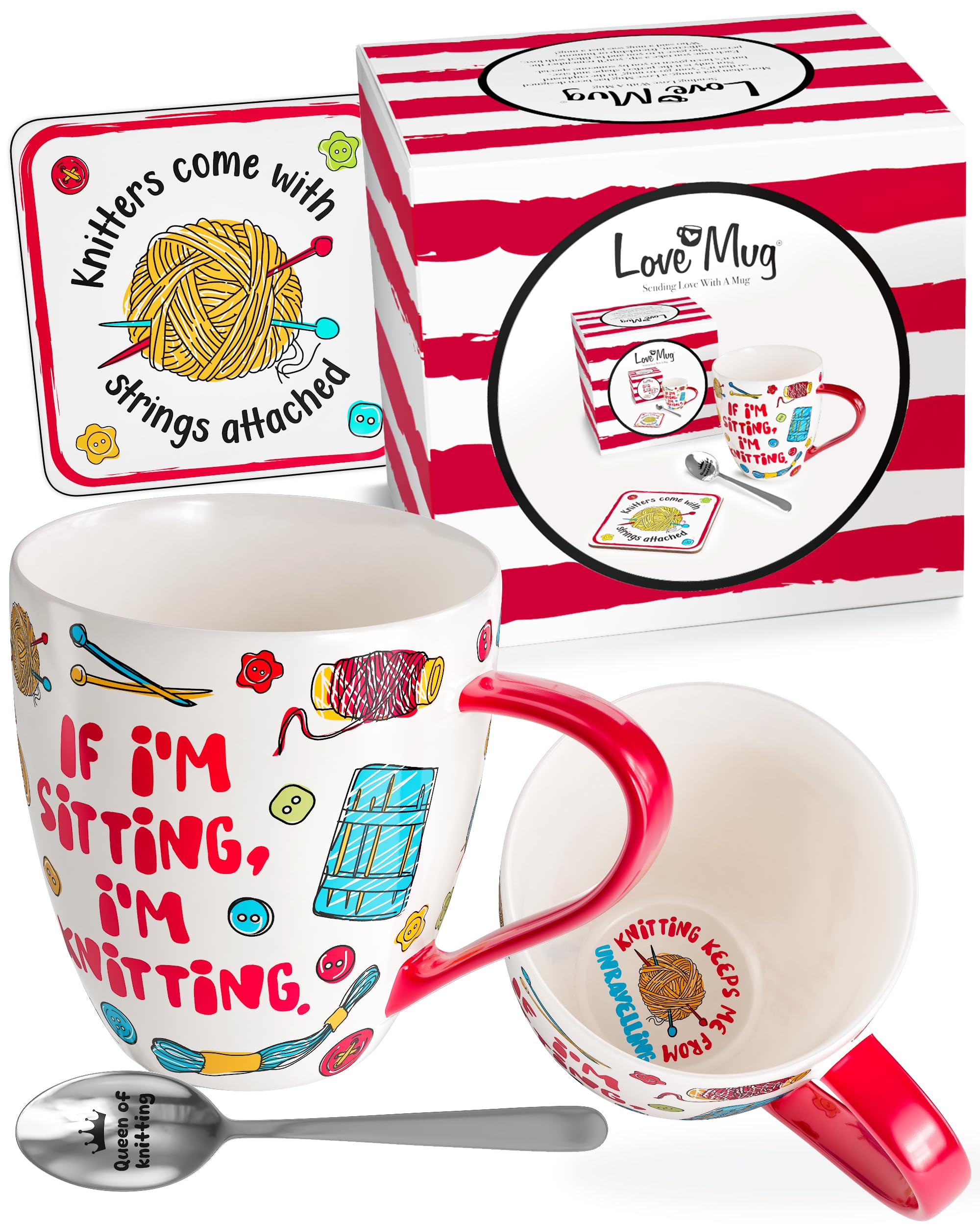 Love Mug: Knitting Gift Set - Mug, Coaster and Teaspoon - Funny Gift For Christmas and Birthday - 400ml Mug