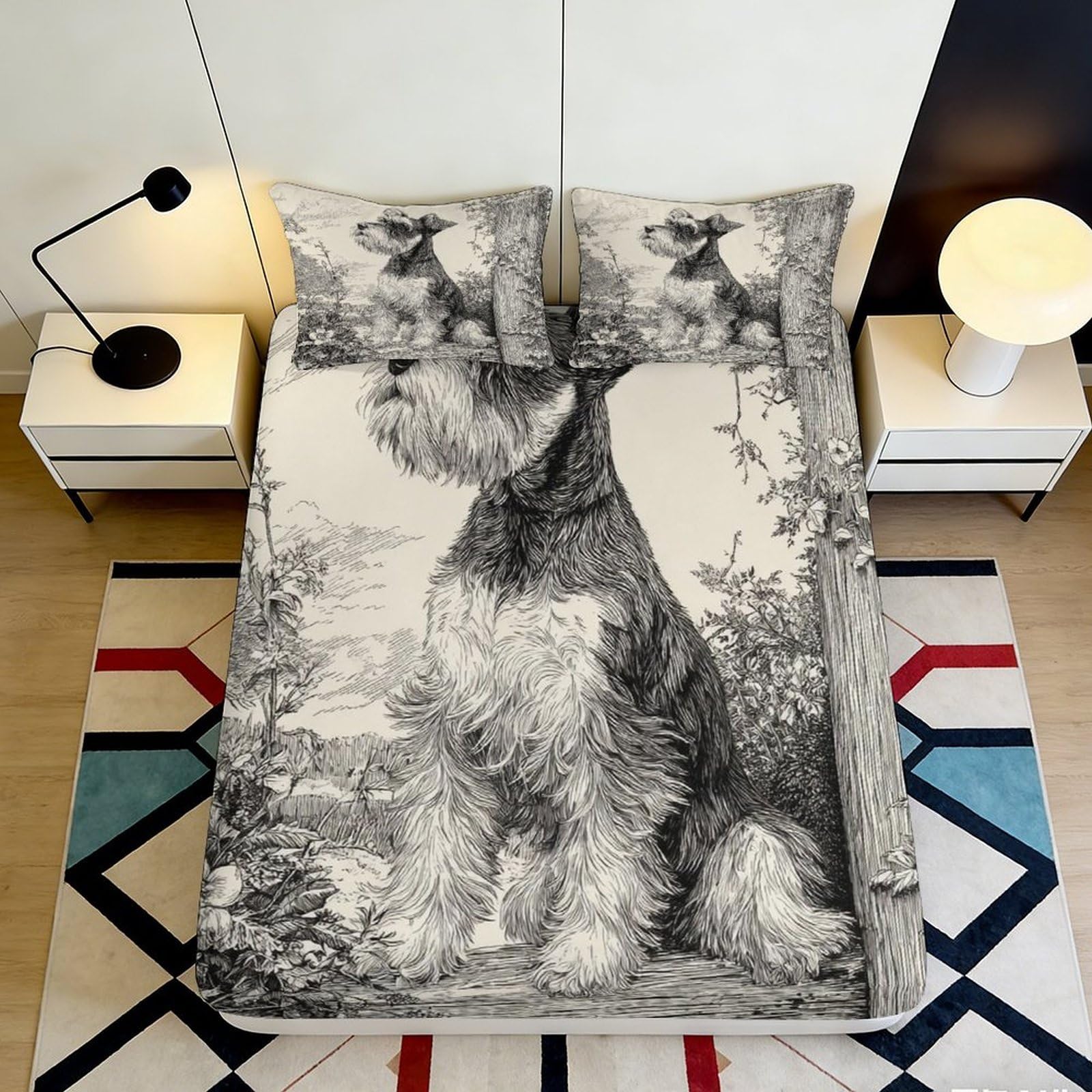 3D Printed Schnauzer Dog Art Fitted Sheet Microfiber Soft Anti-Slip Mattress Cover for Bedroom Dorm Decor 90x200x25cm