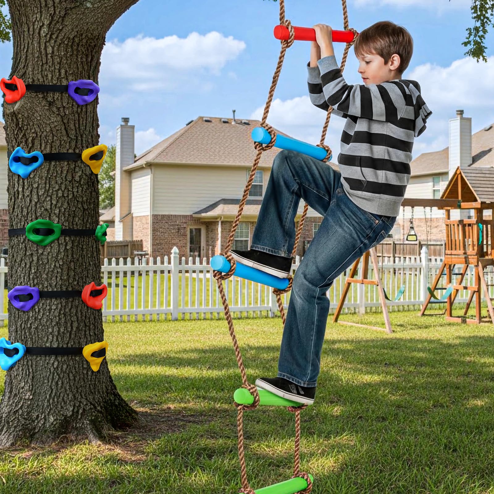 TOPNEW 12 soportes de escalada de árboles Ninja para trepador de árboles, kit de escalada de árboles con escalera de cuerda de 6.6 pies para entrenamiento al aire libre de la carrera de obstáculos
