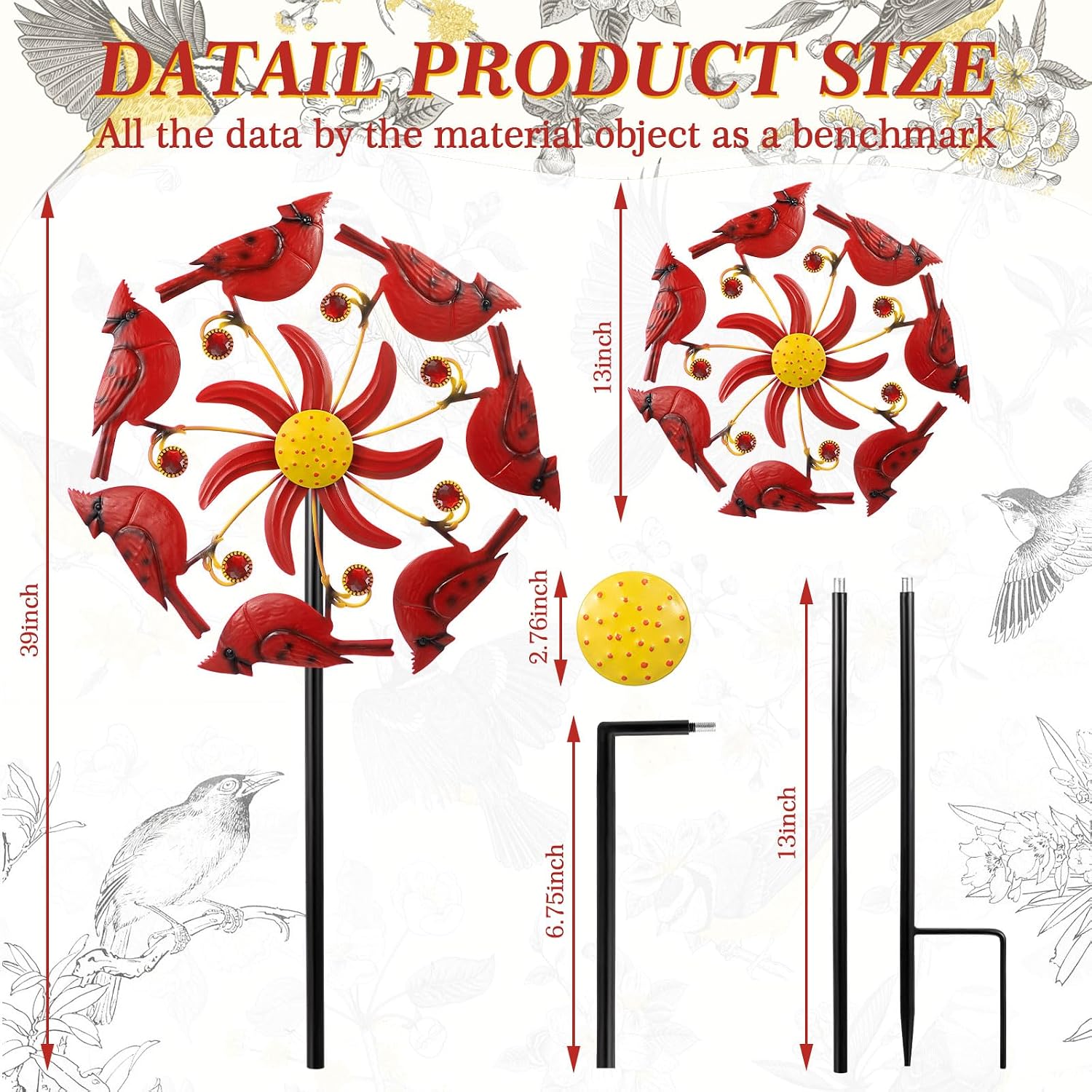 Novabright 39" H Cardinal Wind Spinner Garden Stake for Patio Lawn Outside