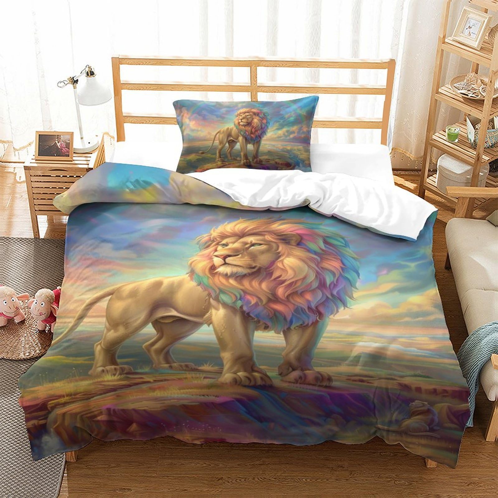 Housse de couette lion avec fermeture éclair pour lit simple 135x200