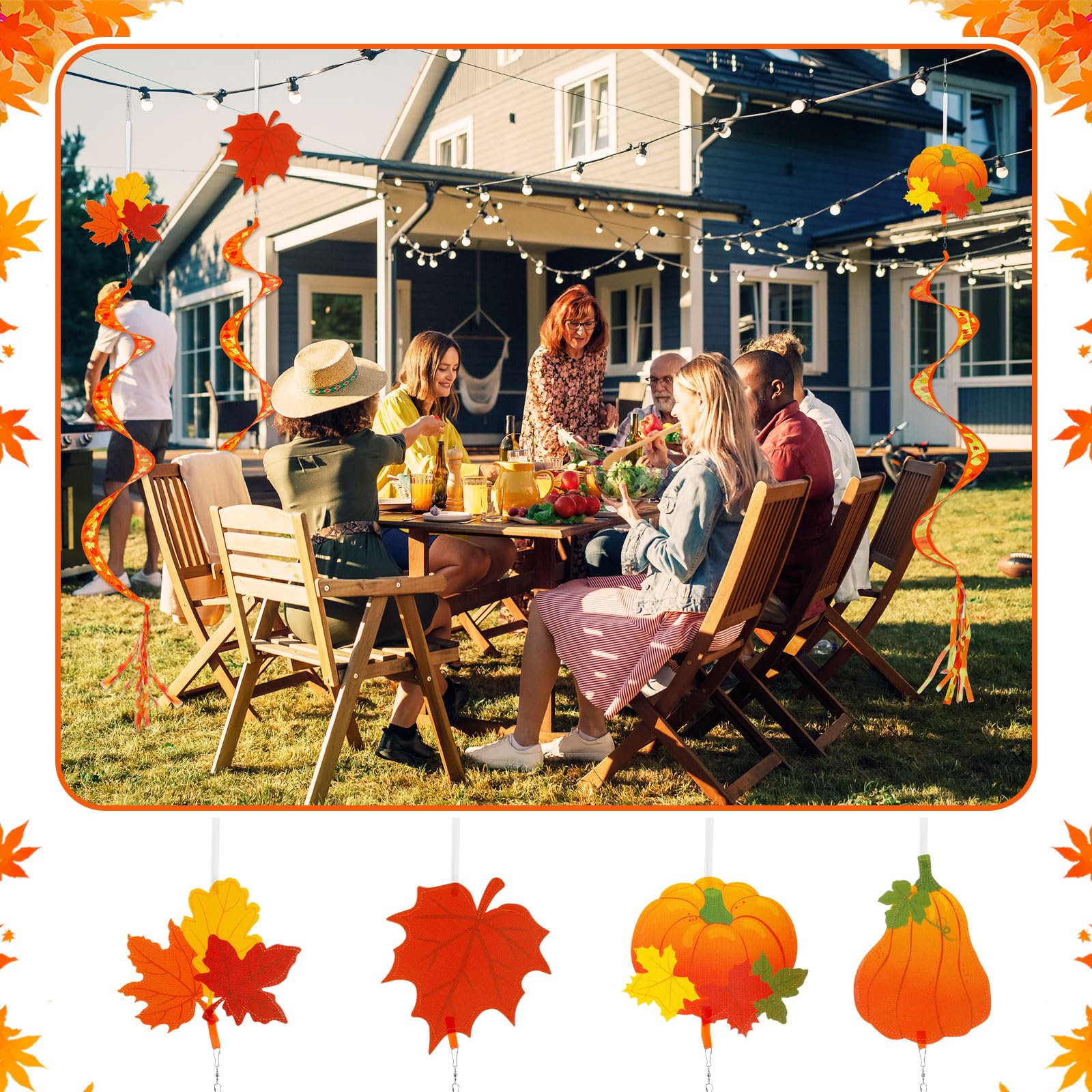 Beeveer Lot de 4 filets à vent d'automne à suspendre en nylon pour l'automne et l'extérieur - 145 cm - Manche à air en forme de feuille d'érable - Citrouille - Décorations d'automne et de Thanksgiving