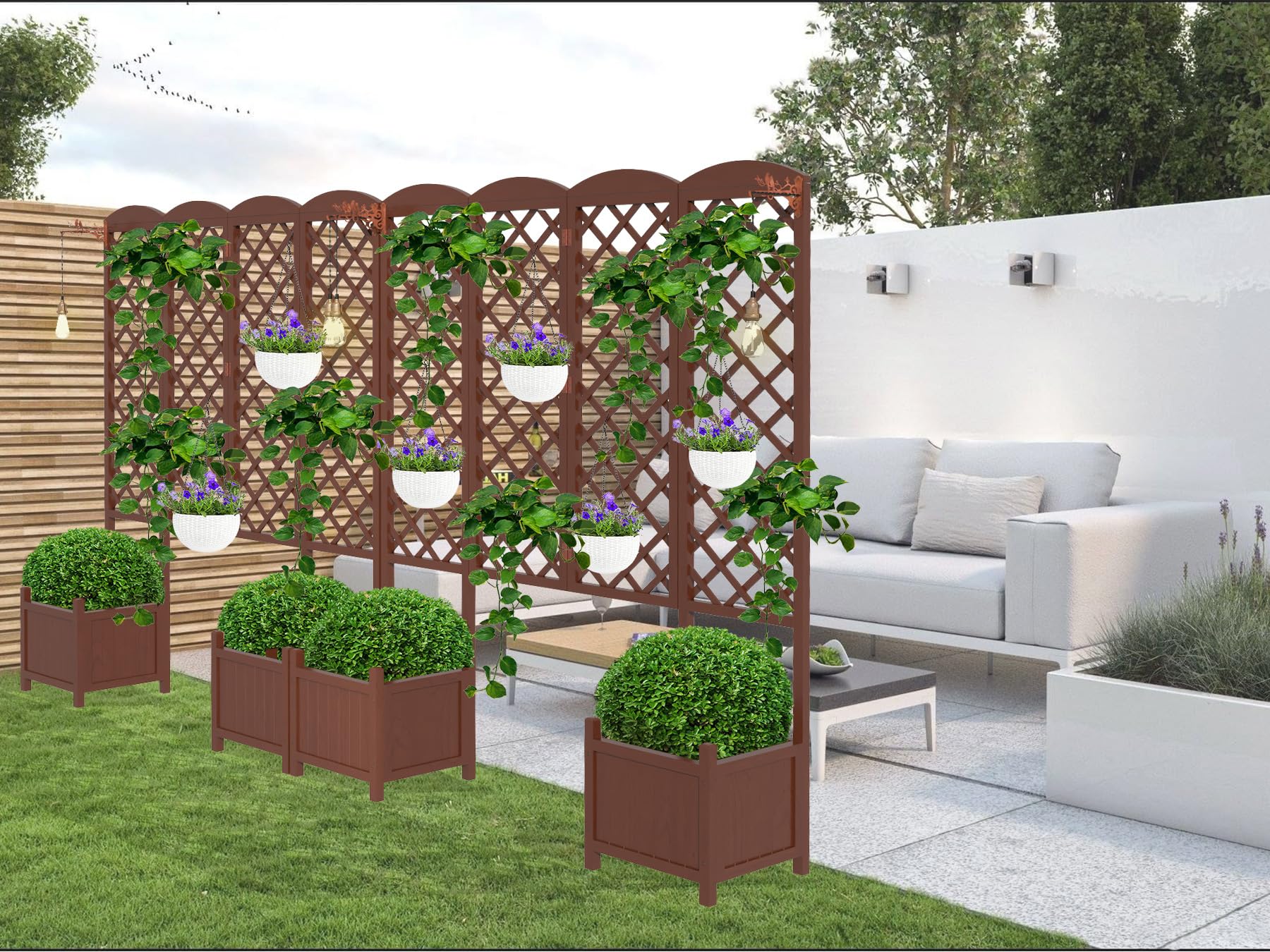 Vaso rialzato in abete impermeabile con traliccio per rampicanti 160x40,6x183 cm | Vaso da giardino schermo visivo con drenaggio | Modulare per piante rampicanti marrone scuro(Confezione da 2 pezzi)