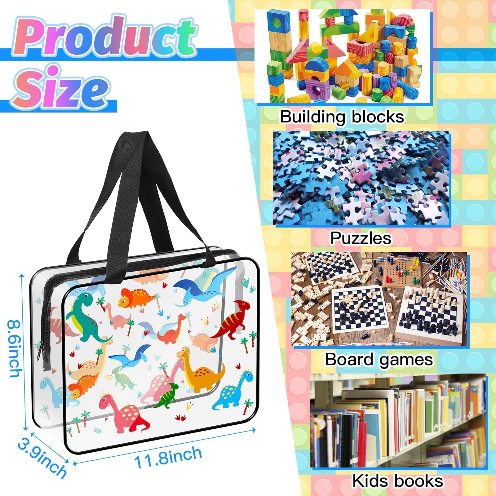 Toy Storage Bags with Zipper,Organizer Bags for Toy with Dinosaur Pattern PVC Waterproof Toy Bags with Handle, for Toys Building Blocks Puzzle (4 Packs)