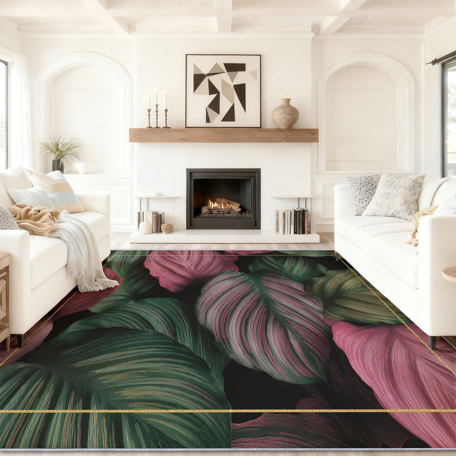 Planta hoja de calathea impreso superficie alfombra suelo antideslizante, alfombra uso para sala de estar oscuro vintage rosa-verde alfombra patrón dormitorio dormitorio casa cubierta terraza