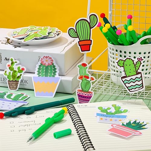 Miniatura 4 de Tinlade 74 piezas de cactus para fiesta, 12 bolígrafos de cactus a granel de 0.020 in, bolígrafos de tinta de gel negra, 50 calcomanías de vinilo