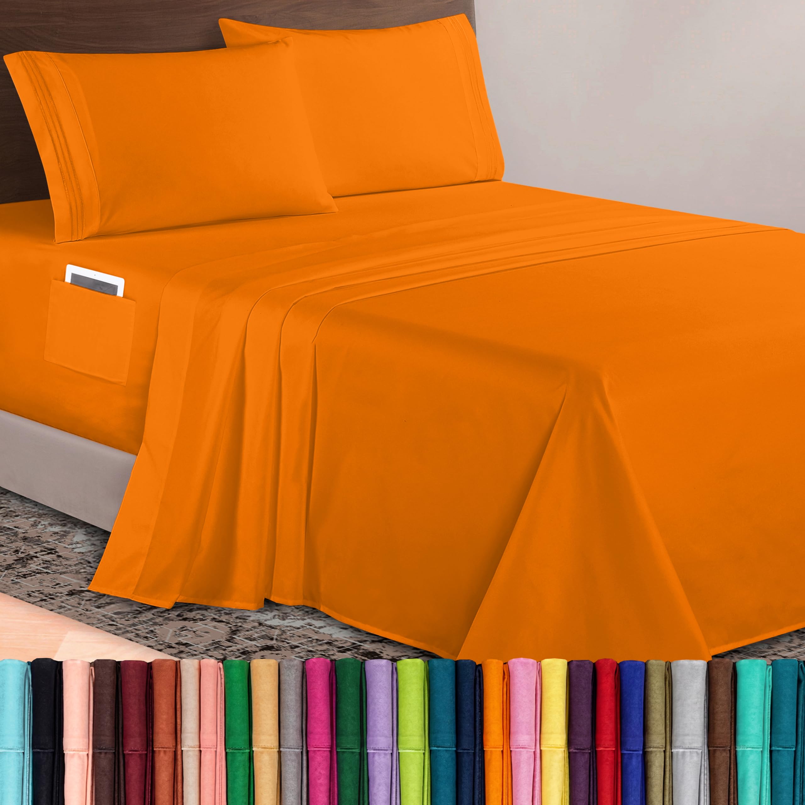 Elegant Comfort Luxurious 1500 Premium Hotel Quality Microfiber 4-Piece Sheet Set, 18-24 Inches Deep - Extra Deep Pocket Sheets - Ultra Soft 4PC Deep Pocket Sheets, California King, Orange