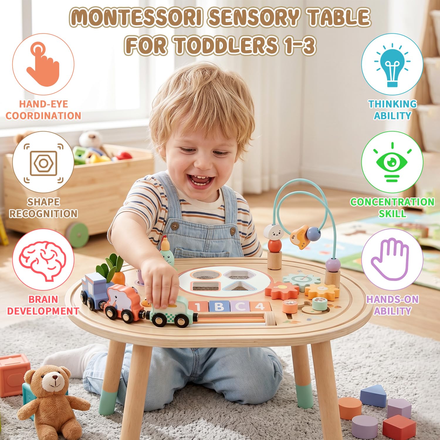 10-in-1 Holz Aktivitätstisch ab 1 Jahr, Kinder Montessori Spielzeug | Motorikspielzeug Lernspielzeug für 1+ Jahre, Spieltisch mit Angelspiel, Formensortierer & Tierzug, Geschenk für Mädchen Junge