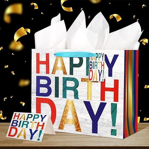 Miniatura 7 de POPGIFTU Juego de bolsas de regalo de cumpleaños extra grandes de 16.5 pulgadas con tarjeta de felicitación, papel de seda y etiqueta, bolsas de