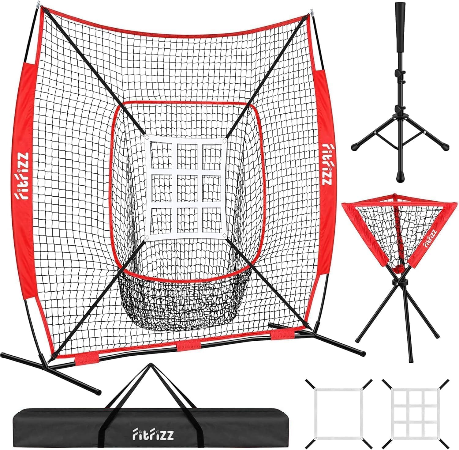 7x7 ft Baseball Net for Batting Pitching Hitting, Softball Pitching Net with Strike Zone, Tee, Ball Caddy, Softball Batting Net Baseball Training Equipment for Kids Adult Youth Sport Practice