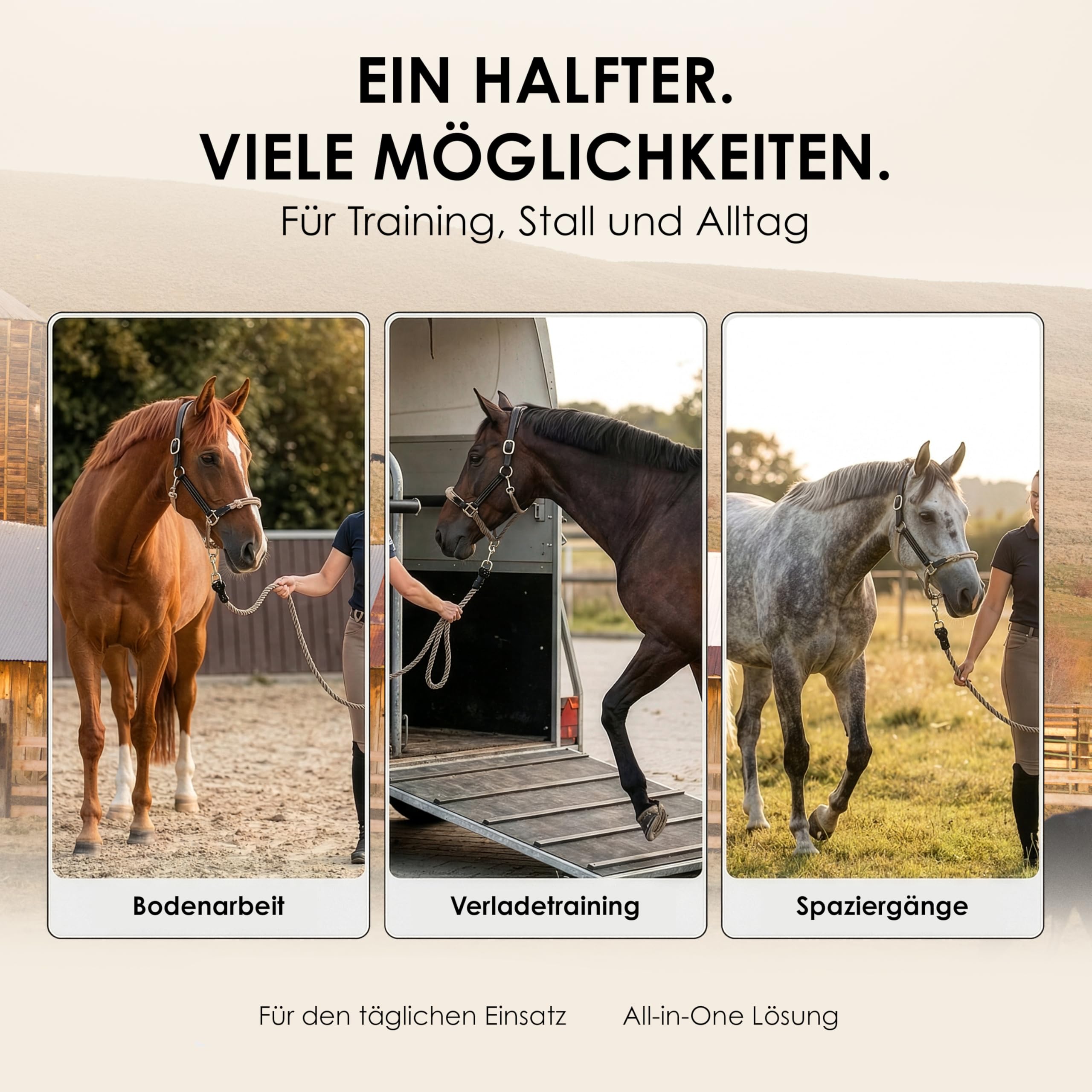 Halfter für Pferde aus Leder – hochwertiges Pferdehalfter für Bodenarbeit & Training – mit Rope-Nasenstück & Metallbeschlägen – Halfter Pony, COB, Full – Schwarz/Beige (Edelstahl, Pony)