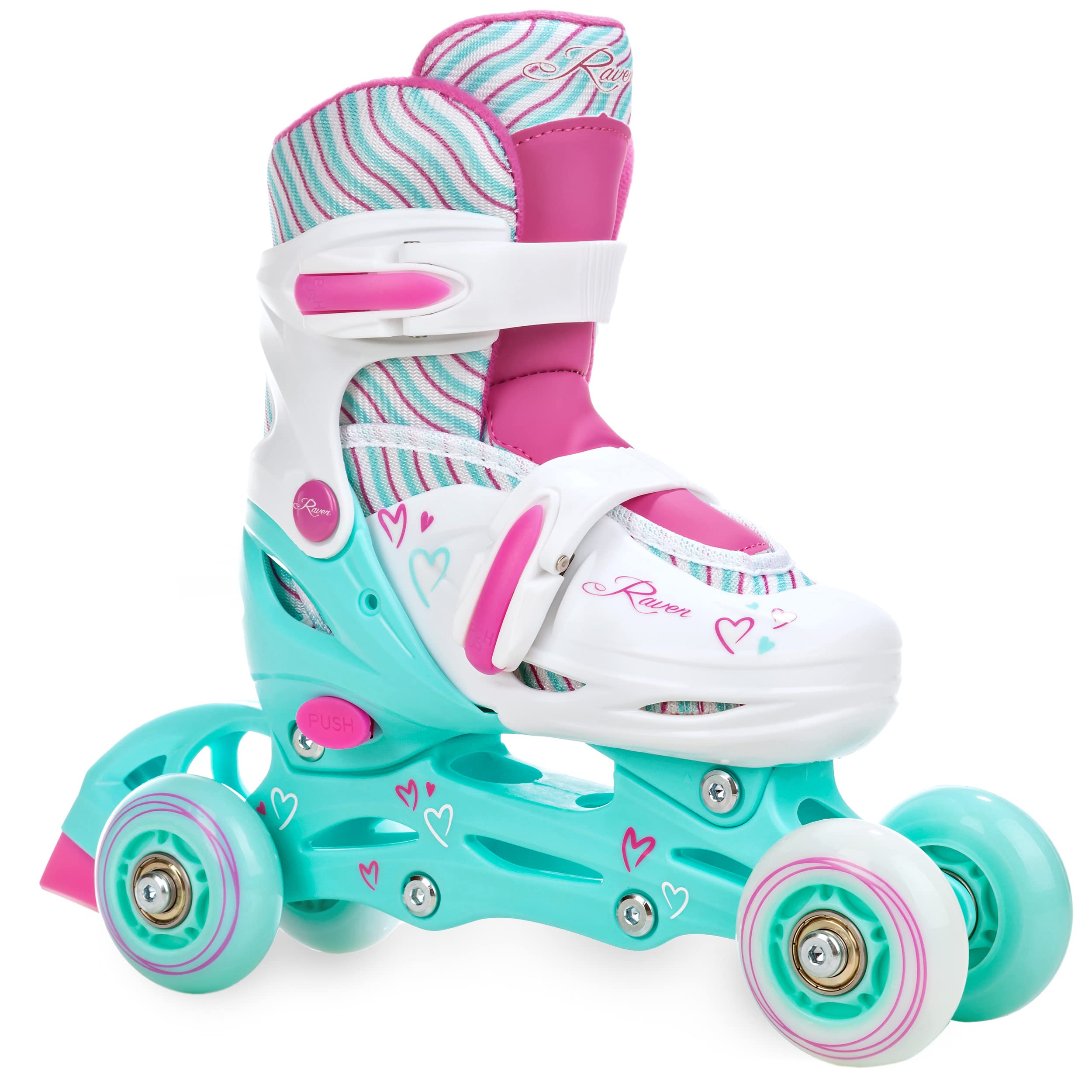 Raven - Roller en Ligne Loret Roues LED du 27 au 30 + Patin à Roulette + Patin à Glace + triskate Enfant Mixte Taille Ajustable Menthe/Rose Raven