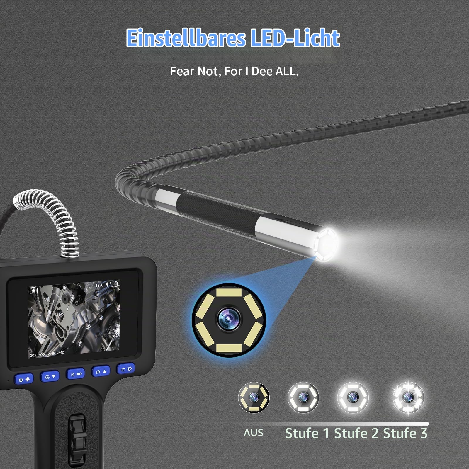 Endoskopkamera mit Licht und 4 Zoll Bildschirm,𝟏𝟎𝟖𝟎𝐏 𝐇𝐃 𝐈𝐏𝟔𝟕 𝟔 𝐋𝐄𝐃 Endoskopkamera mit 32GB SD Karte, Inspektionskamera für Automobil-, HVAC- und Mechanikbereich.