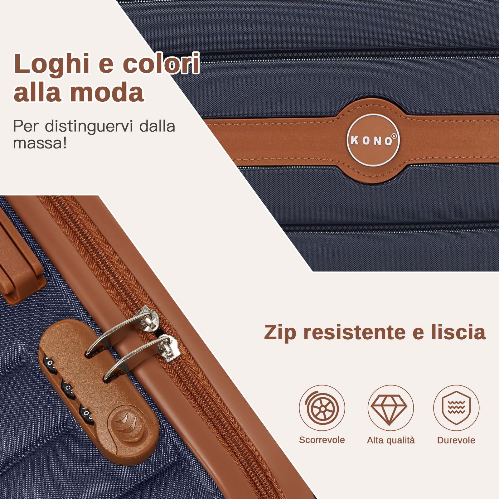 KONO Valigia Media Rigida 20 kg ABS+PC Trolley con 8 Ruote Leggero (65,6 cm, Marina Militare/Marrone)