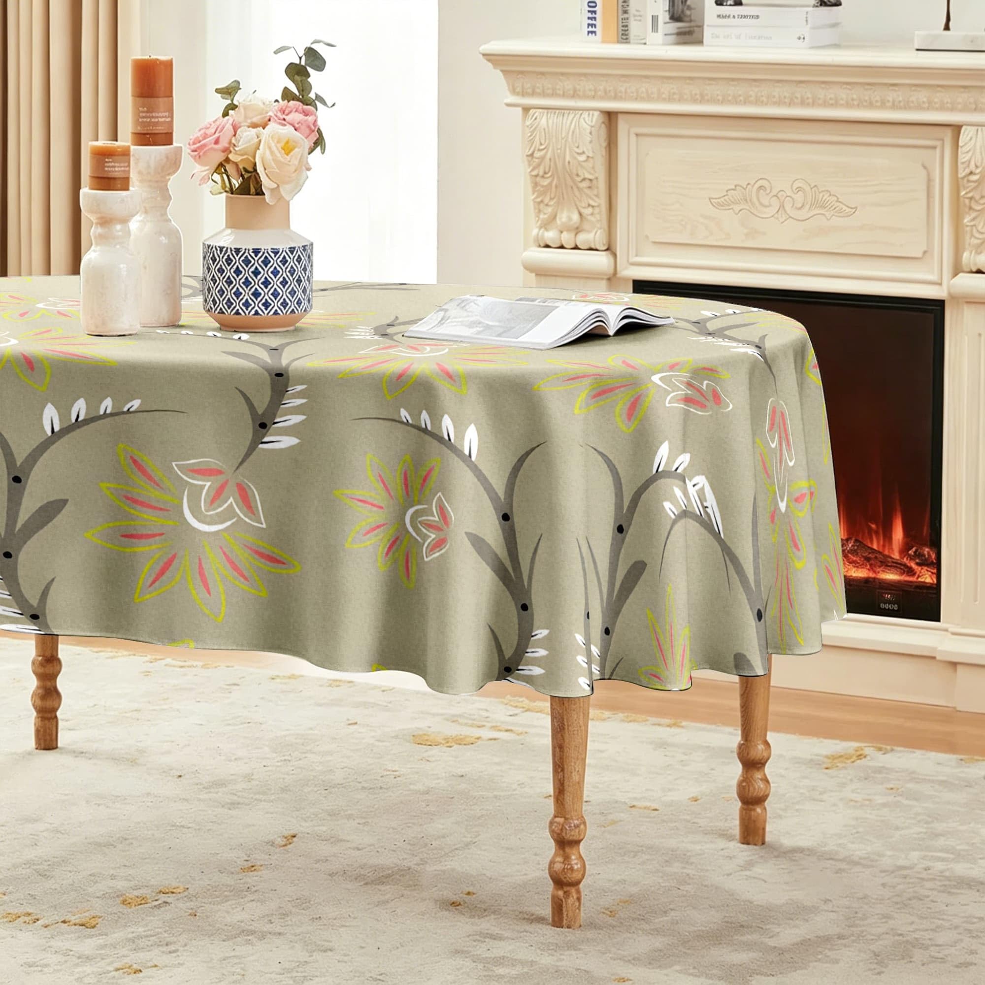 Tovaglia Ovale 140x240 cm Viti Floreali, Tovaglia Antimacchia Botanica Boho Impermeabile Poliestere, Copritavolo Lavabile per Decorativa Cucina Sala da Pranzo Casa, O-10