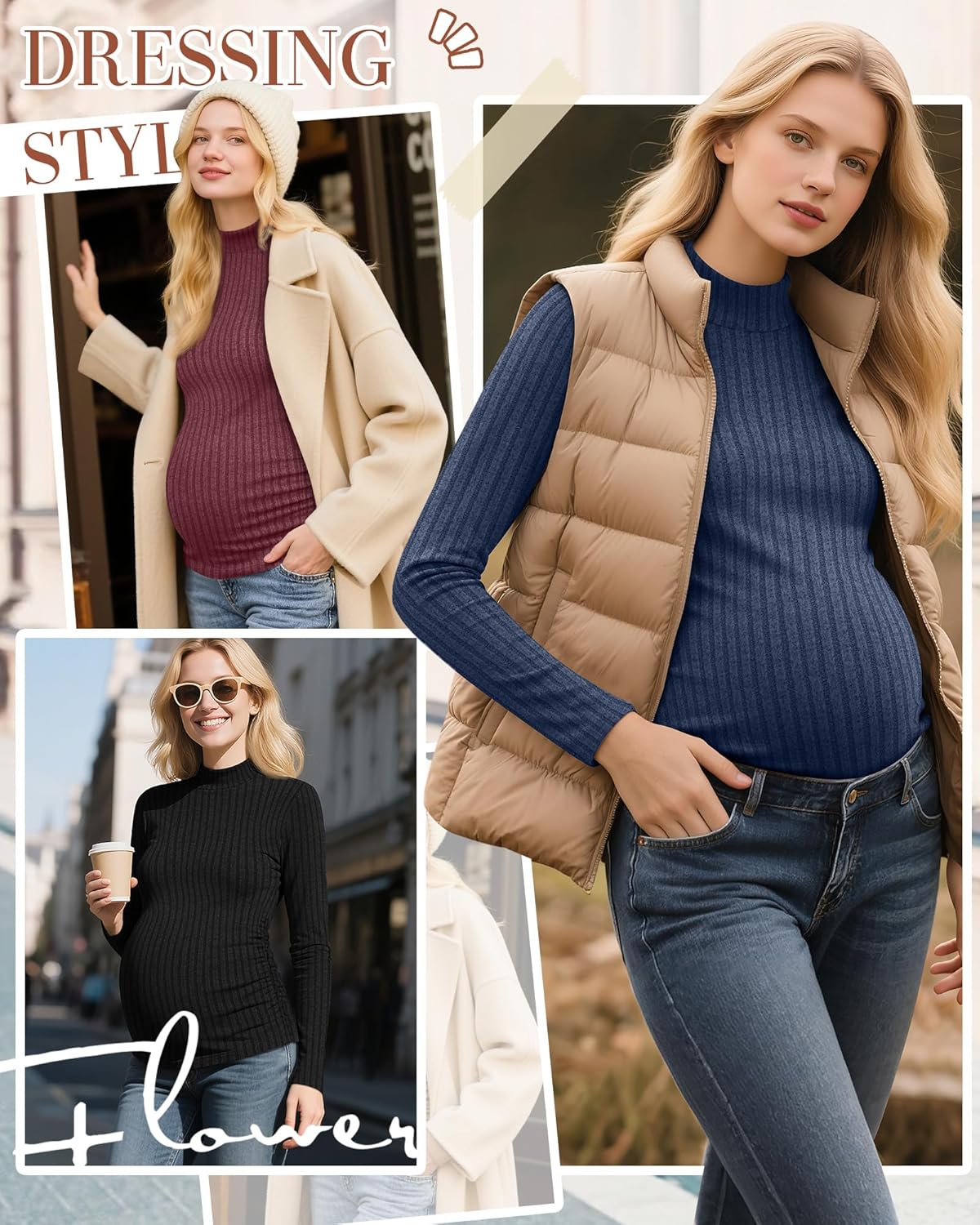 Neer 3 Pack Women's Maternity Tops, Pregnant Long Sleeve Sweaters Mock Turtleneck Pregnancy Shirts Ribbed Knit Mama Clothes - Image 2