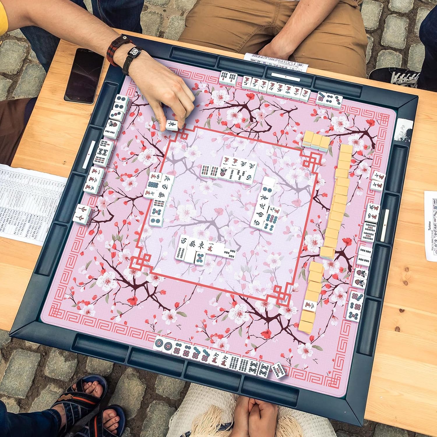 Chinoiserie Mahjong Mat Pink White Floral Design 31.5 x 31.5 Inch Gaming Mat with Black Carrying Bag Rubber Anti Slip Noise Reduction Table Cover for Mahjong Poker Board Games Dominoes Tile Card Game