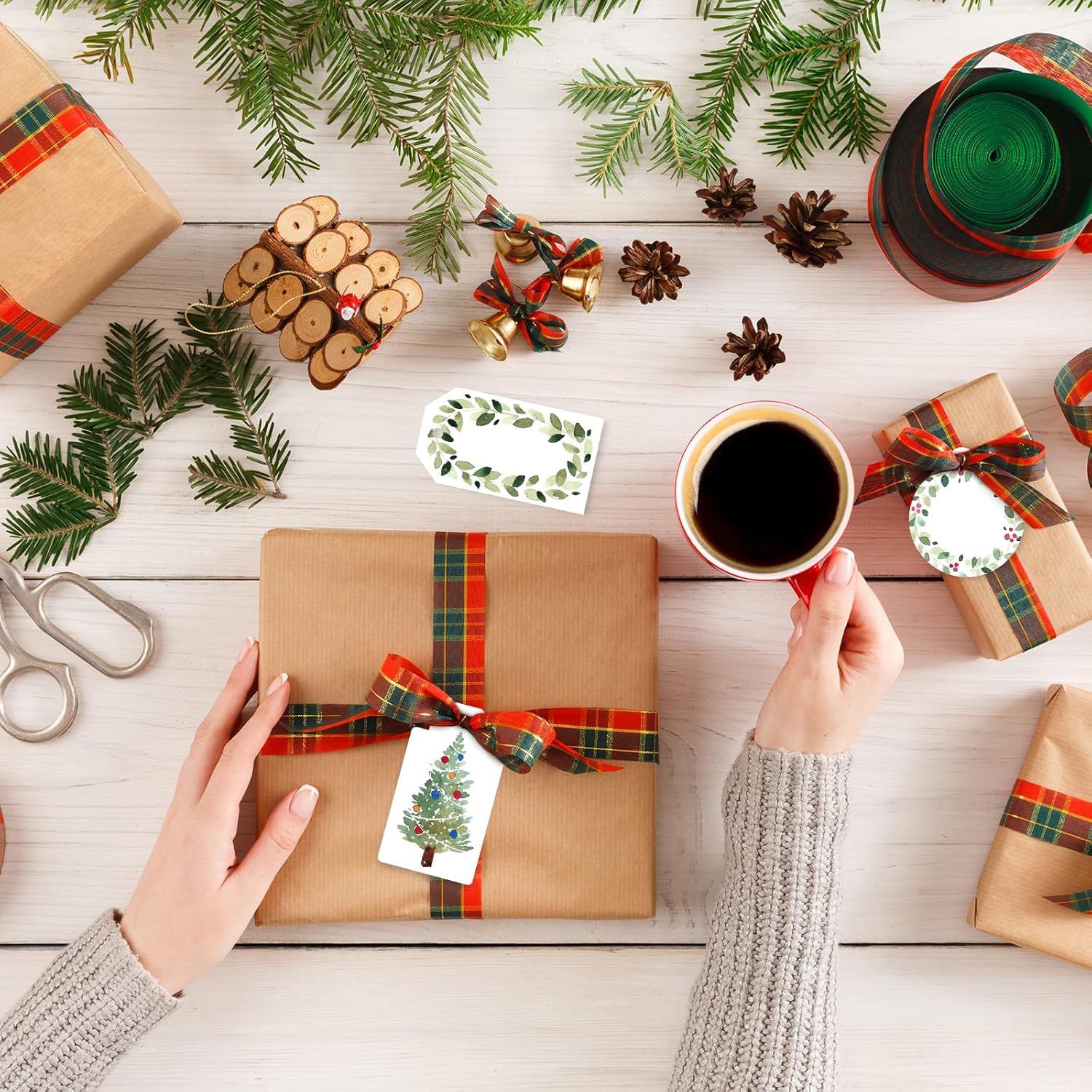 Whaline 120Pcs Christmas Paper Gift Tags Watercolor Xmas Tree Leaves Hanging Name Tag with Hemp Rope 8 Designs Label Tag for Holiday Party Favor Supplies - Image 4