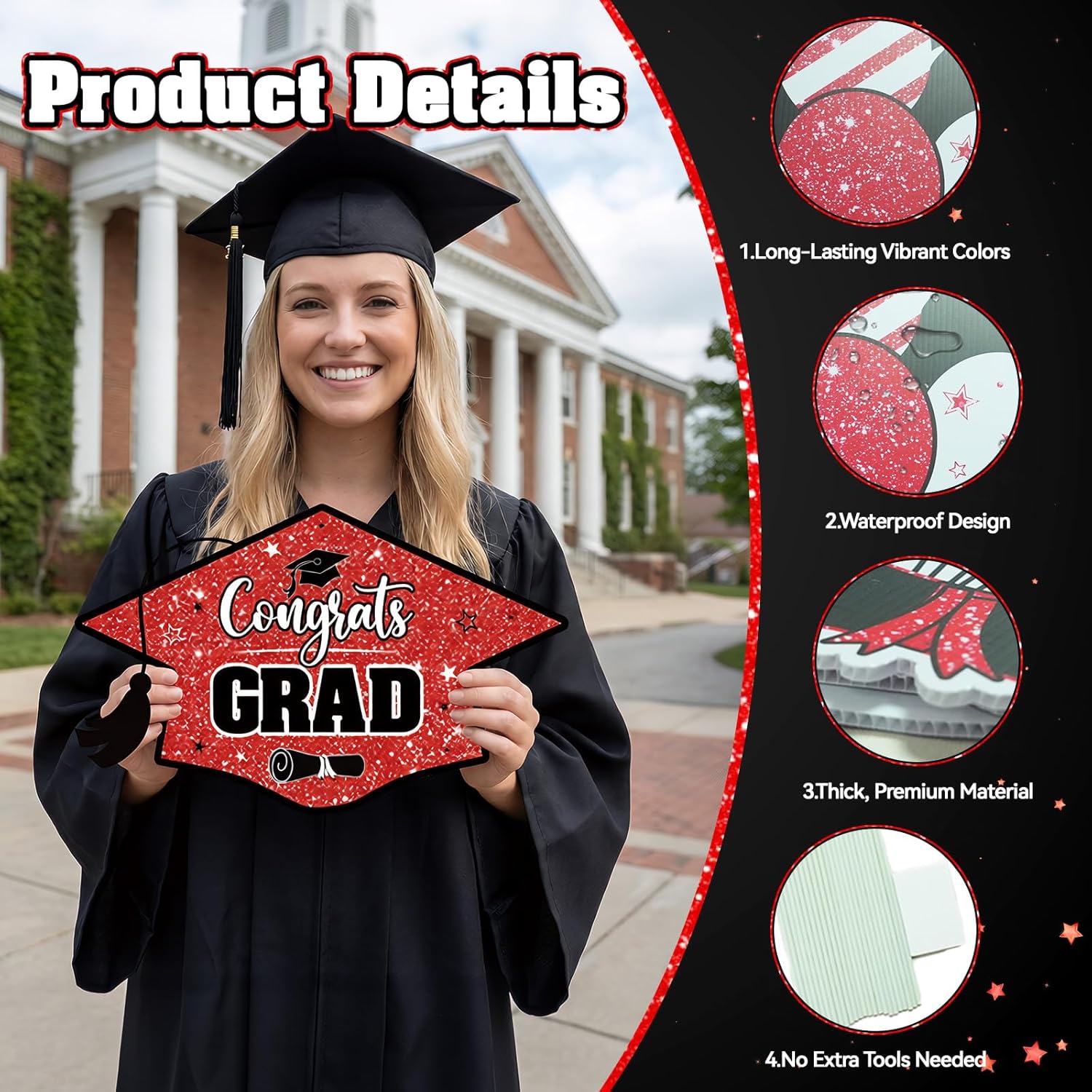 FunHot Graduation Yard Sign Class of 2026, Large Black and Red Grad Yard Signs, Waterproof Congrats Grad Cap Sign with Stakes Outdoor Lawn for College High School 2026 Graduation Party Decoration