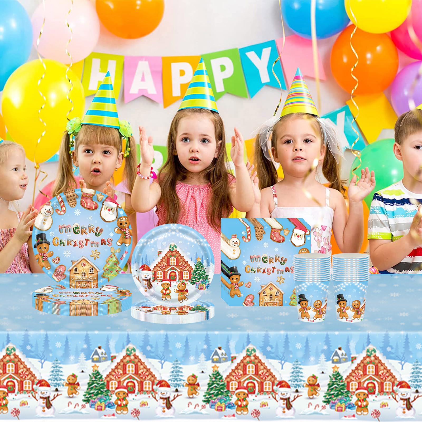 70PCS Gingerbread Man Christmas Tableware Set, Disposable Plates, Napkins, Cups, Tablecloth & Merry Christmas Banner - Image 4