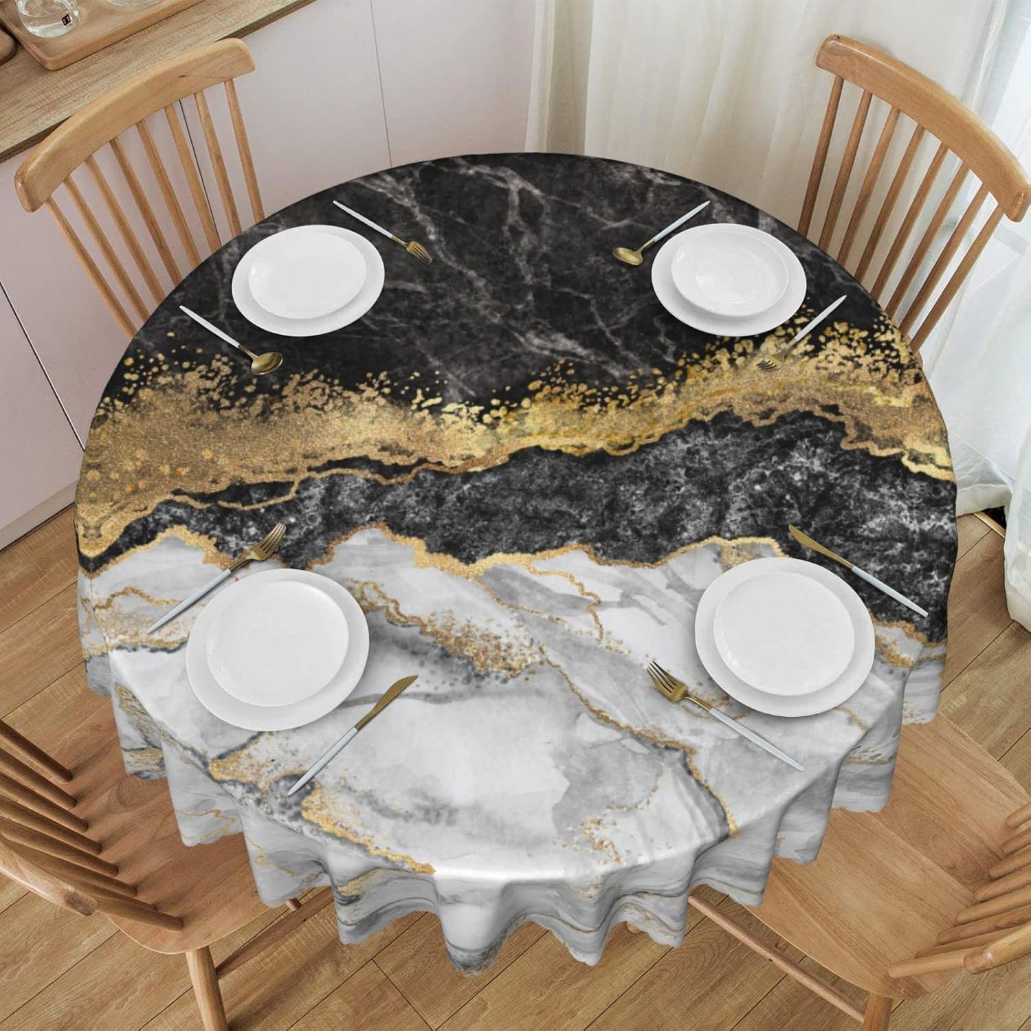 EHouseHome Mantel De Tela Resistente Con Encaje Blanco, Impermeable, Sin Arrugas, Resistente A Las Manchas, A Prueba De Aceite, Para Comedor, Interior Y Exterior, Boda, Vacaciones, Naturaleza, Redondo