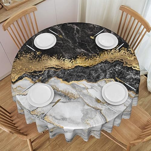 Miniatura 2 de Mantel de mármol negro para mesas redondas, a prueba de aceite, a prueba de derrames y fácil de limpiar, con ribete de encaje, mantel redondo de 60