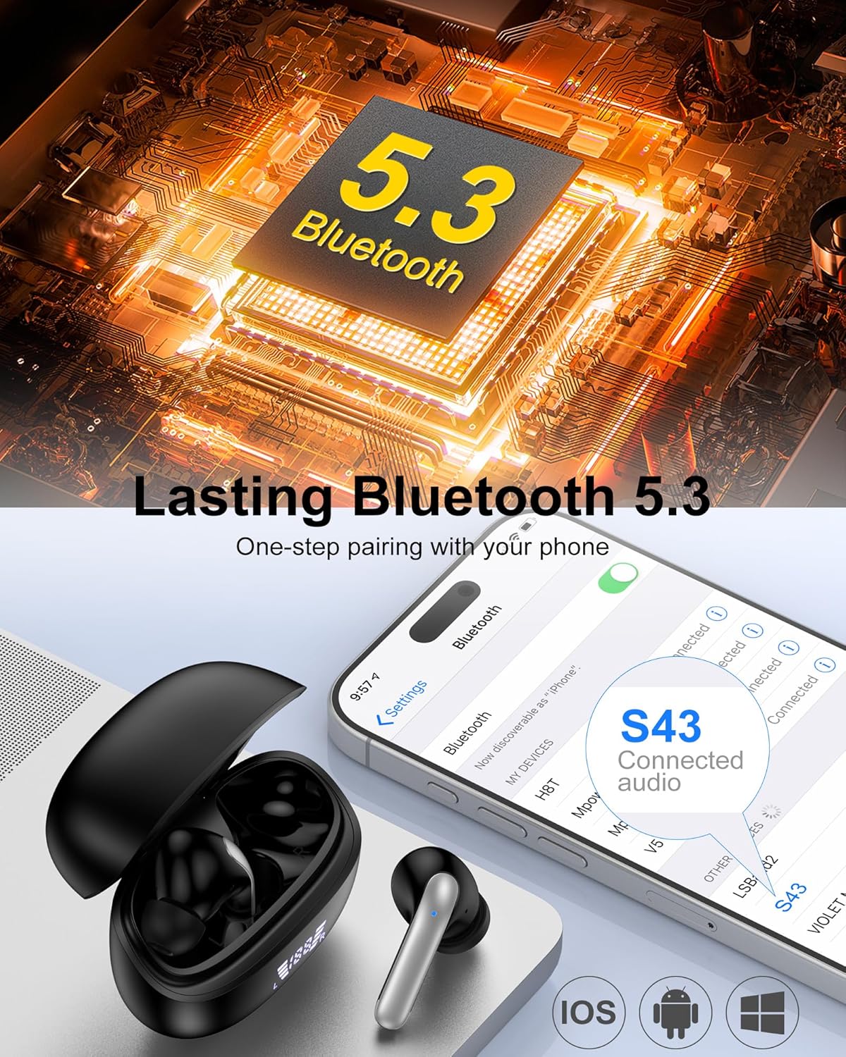 AILKIN S43 Earbuds Bluetooth 5.3 Pairing Process