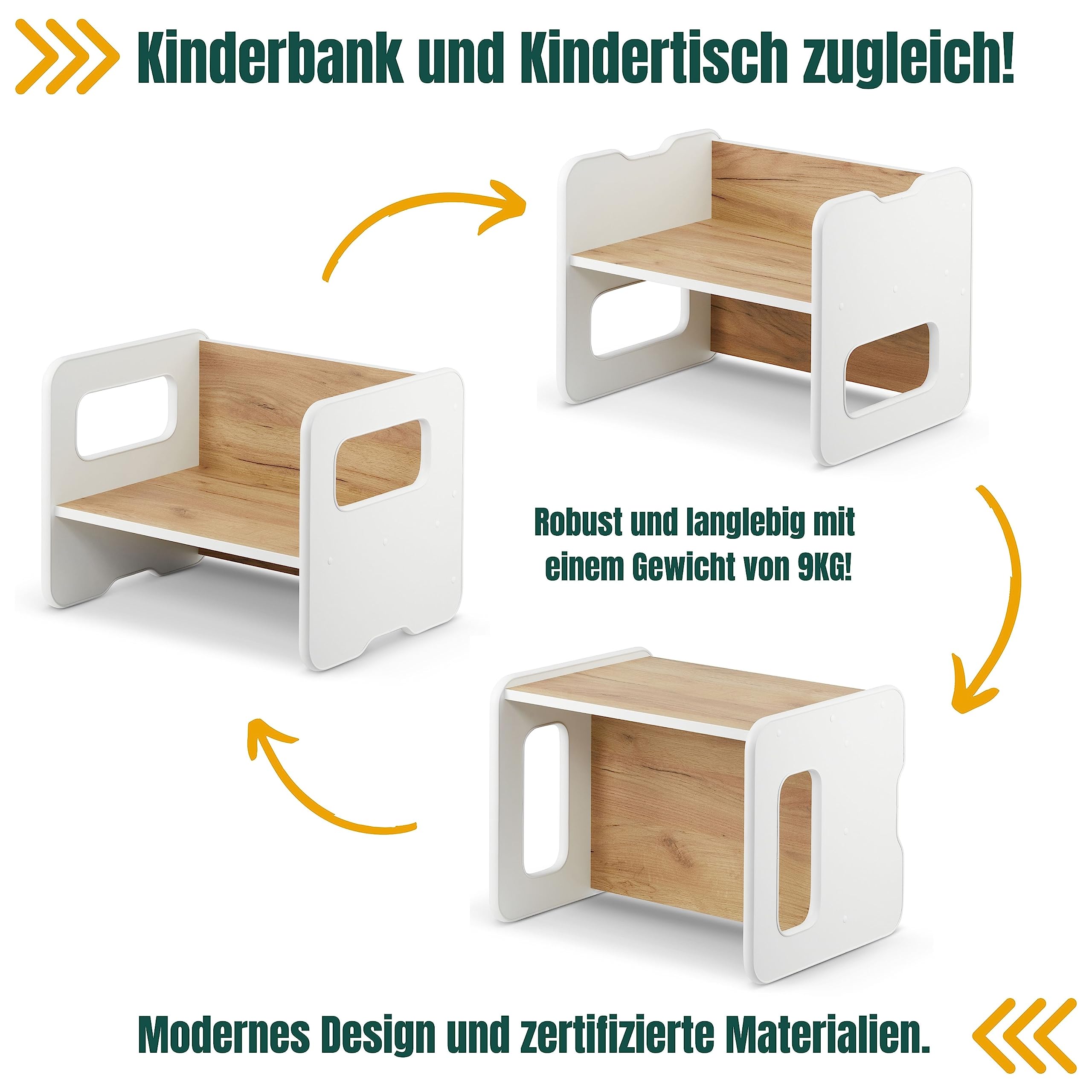 defiPad Panca per bambini multifunzione in legno con 2 altezze e funzione tavolino (Bianco + Rovere)