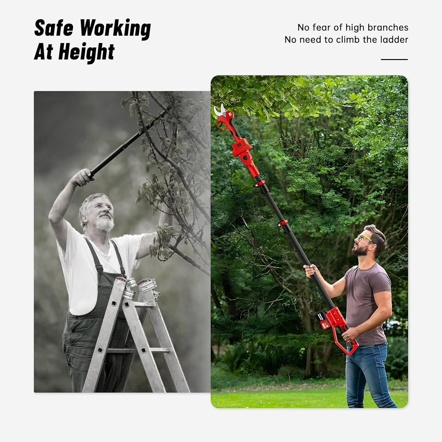 2-in-1 Electric Pruning Shears with 6 FT High Reach Extension Pole, Professional Cordless Pruning Shears with 2pcs Rechargeable 2Ah Lithium Battery, 1.2inch Cutting Diameter, LCD Display