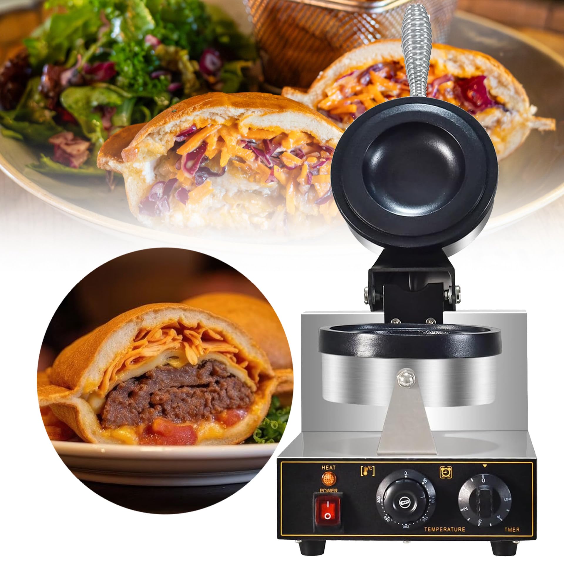 VNATWGOO 1300W Commercial UFO Burger Maker, Double-Sided Heating Non-Stick Panini Maker, Electric Waffle Hamburger Press Baking Machine,220V
