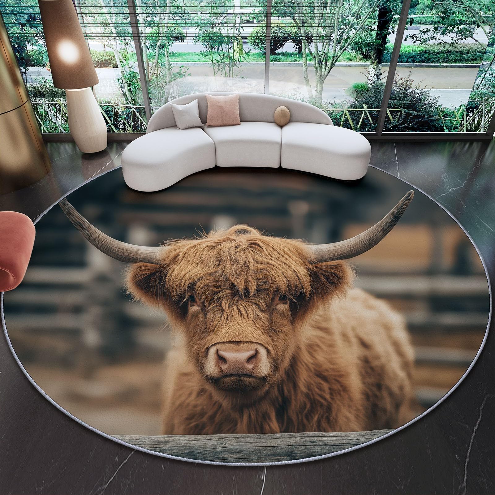 Genérico Alfombra Redonda para Comedor Toro De Las Tierras Altas Natural Motivo Alfombra Antideslizante Suave y esponjosa para Sala de Estar, Dormitorio, habitación Infantil, 180 cm, Marrón Claro