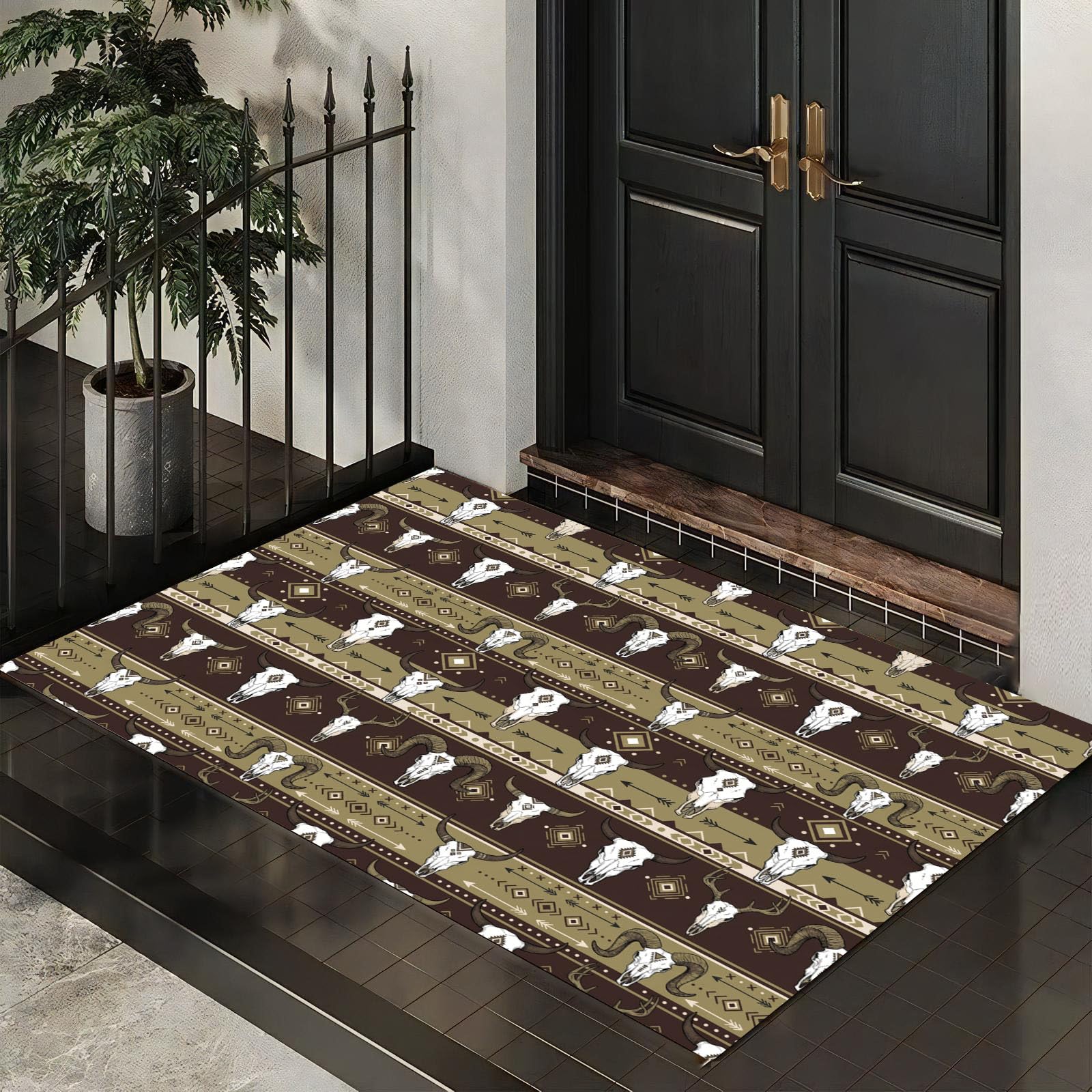 Ultradünne Böhmische Tierstreifen Fußmatte Für Innenbereich, 90X150Cm Waschbar Teppich Für Eingangsbereich, Stammesgeometrie Schmutzfänger Fussmatten, Bräunen rutschfeste Eingangsmatte