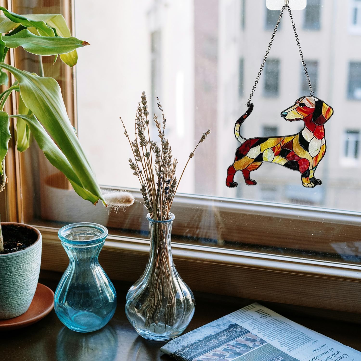 Dachshund Stained Glass Window Hanging, 5.9 * 5.1 in Hand-Painted Sun Catcher Panel Wall Art Decor with Chain, Gifts for Women Mom Grandma - Image 2