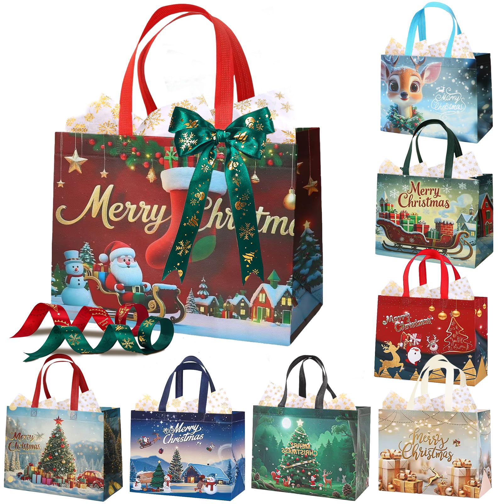 Shinyanny 8 Pack Christmas Gift Bags with Handles, Large Reusable Non-Woven Treat Bags, Includes Ribbon & Tissue Papers, Xmas Party Supplies for