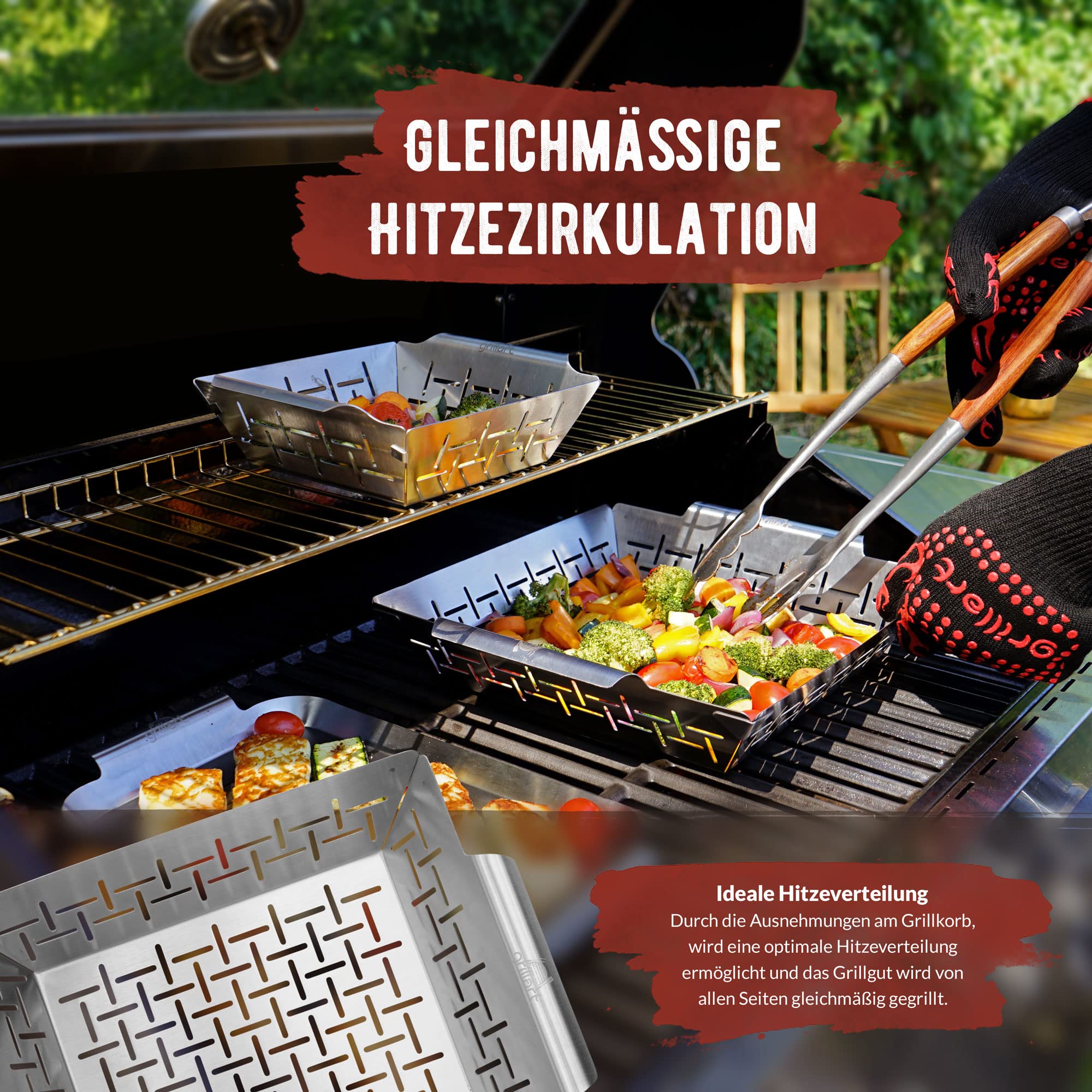 grillart® Premium XL - Cestino per barbecue in acciaio inox, utilizzabile come cestino per verdure, per pesce e griglia; utilizzabile universalmente e particolarmente durevole per il barbecue,