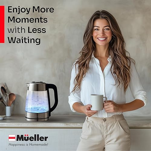 Miniatura 7 de Mueller Rapid Boil - Hervidor eléctrico de 1,8 L, vidrio de borosilicato y acero inoxidable, tetera sin BPA, luz LED, apagado automático, calentador