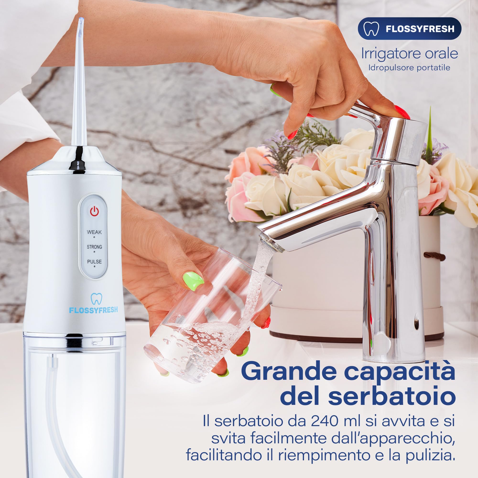 Idropulsore Dentale, Irrigatore Orale, Senza Filo, Rimuove la Placca, Pulizia Dentale a 360°, 3 Modalità di Funzionamento, 4 Ugelli Intercambiabili, Ricarica USB, da Viaggio