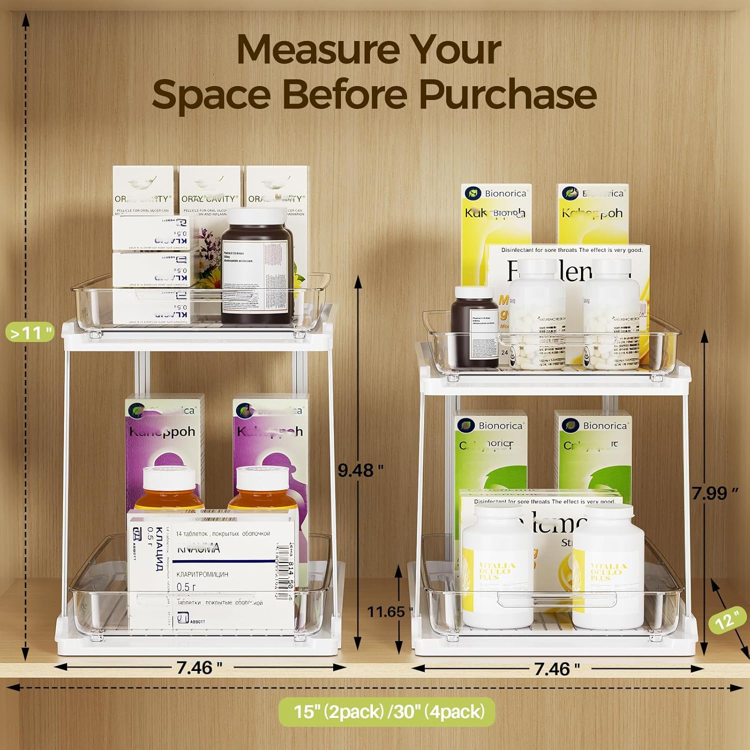 Delamu 2-Tier Bathroom Under Sink Organizers and Storage, Pull Out Cabinet Drawers with Anti-Slip Design & Two Sizes, Multi-Purpose Storage for Kitchen, Pantry, Bathroom & Home Organization, 2 Pack