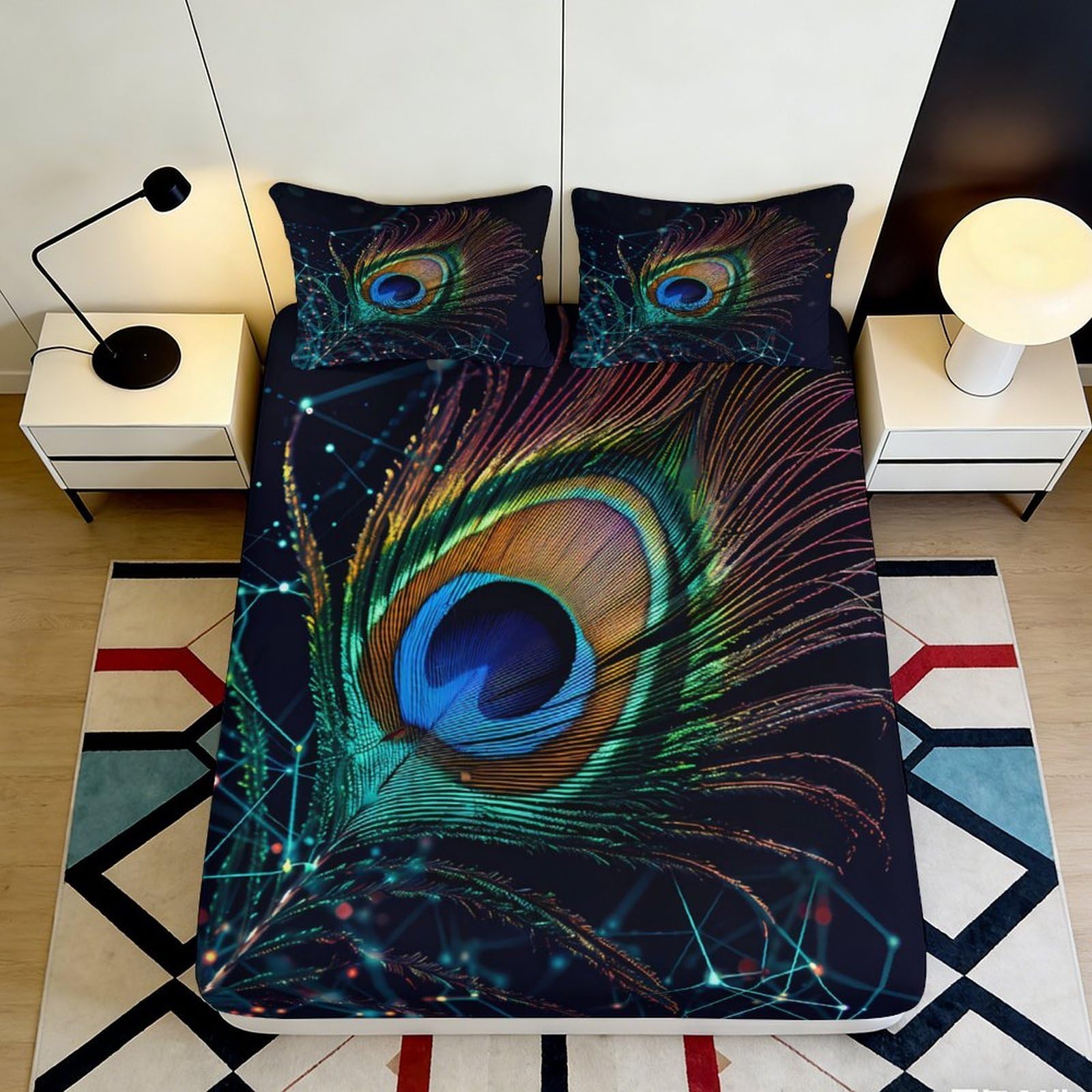 3D Printed Peacock Feather Fitted Sheet Microfiber Anti-Slip Mattress Cover Bedroom Decor Machine Washable Dustproof 90x200x25cm