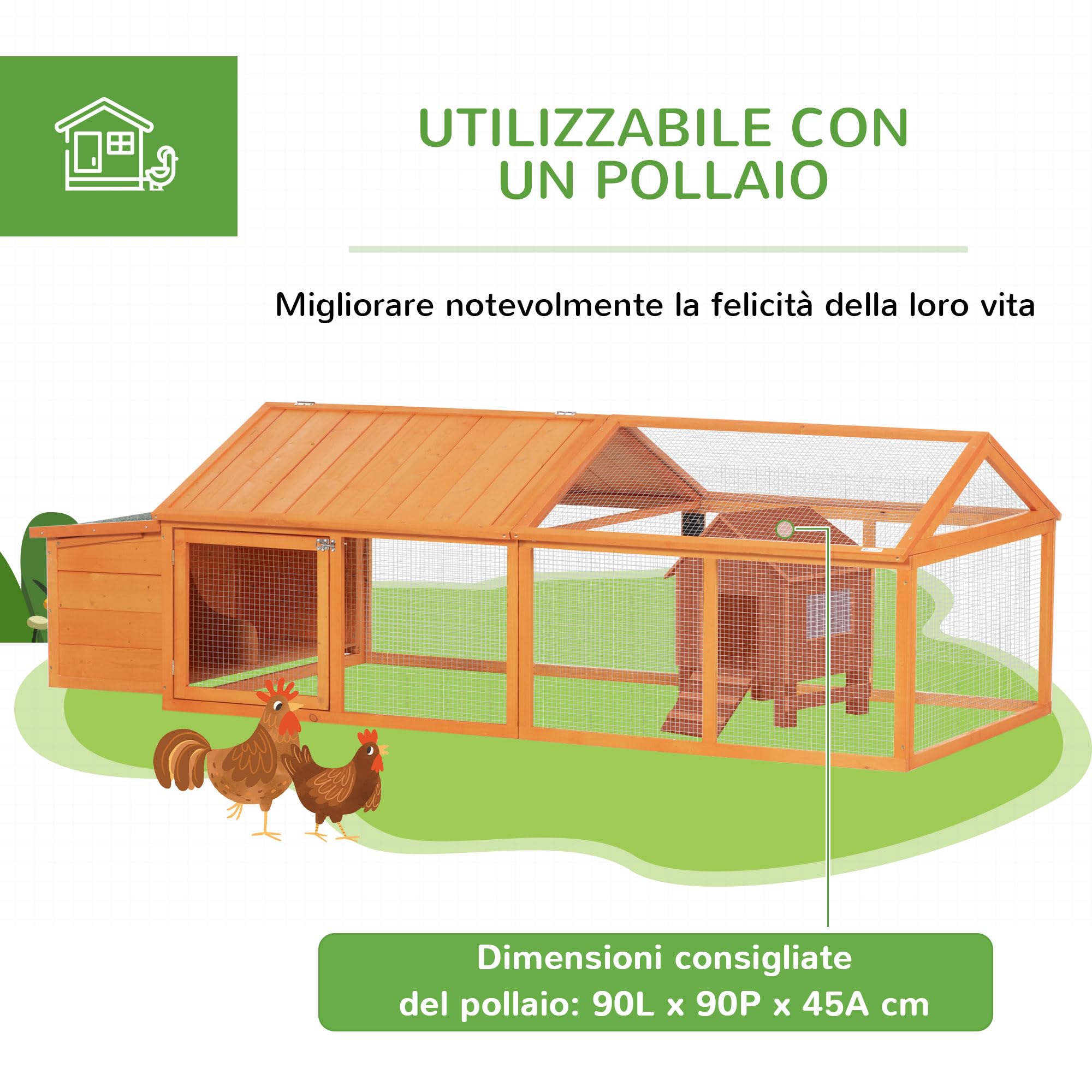 PawHut Grand poulailler XXL 240cm en Bois pour 4-8 Poules - Cage à Poules Design Moderne à 2 Zones avec Double nichoir - Toit ouvrant, Porte verrouillable, 240 x 112,5 x 76 cm, Orange