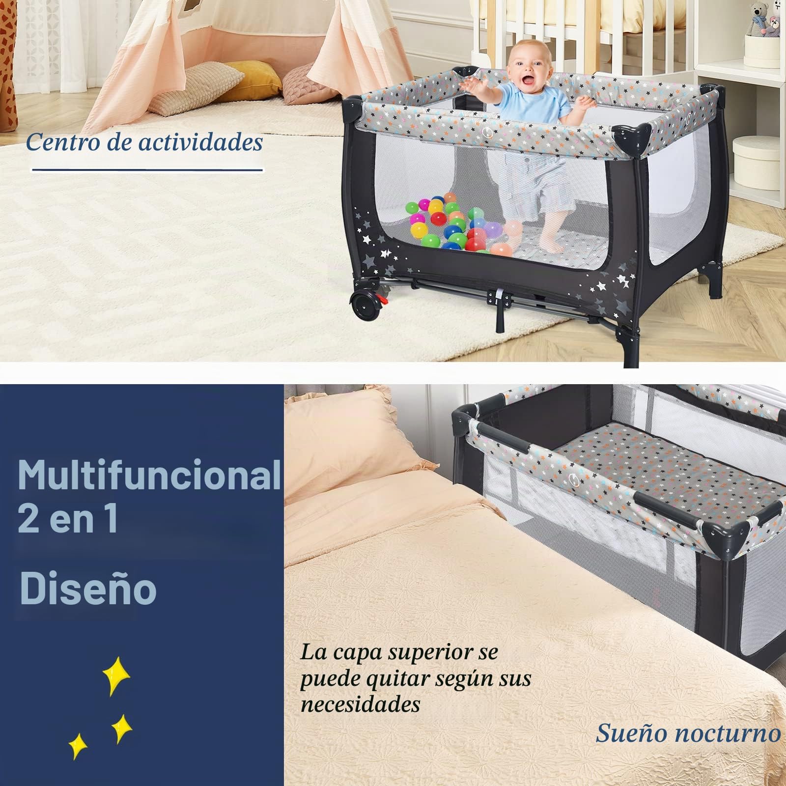 LIFEZEAL Cuna de Bebé Plegable 3-1, Parque y Cuna de Viaje, Cuna Portátil con Moisés Desmontable, Ruedas, Malla Transpirable y Bolsa, Moisés para Niños hasta 3 Años (Gris)