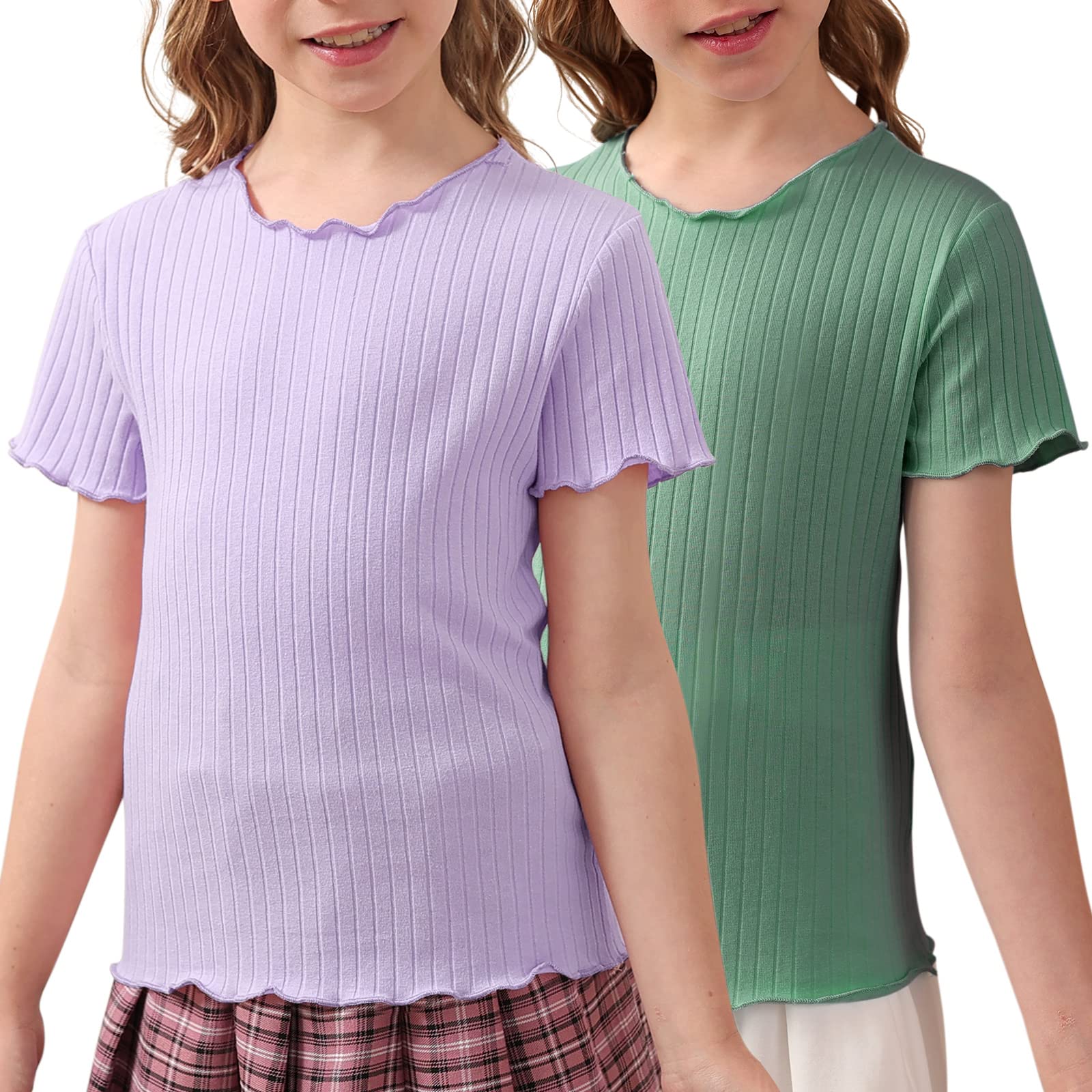 GORLYA 2 Pack Girls Lettuce Trim Basic Solid Tee Shirts Ribbed Knit Casual Blouse Tops for 4-14T