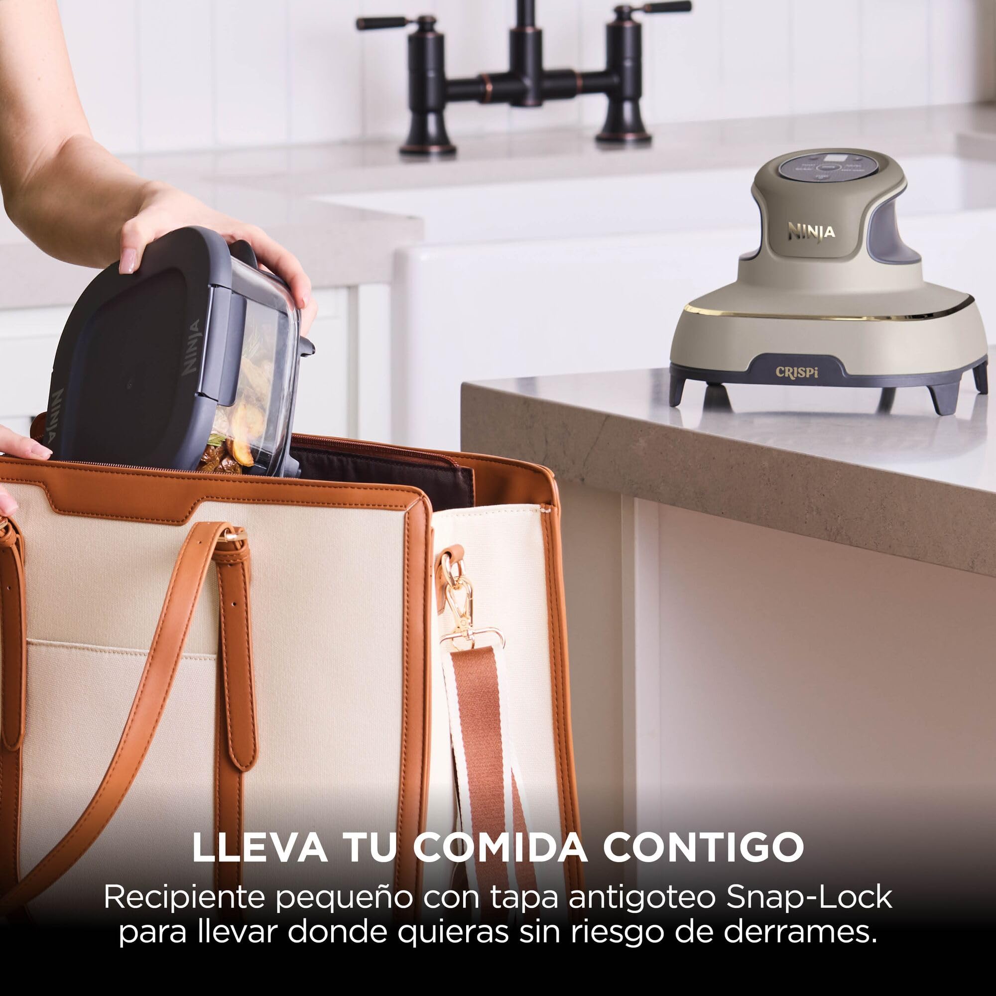 Ninja CRISPi Freidora de aire portátil, 3,8 l, 4 en 1, freír con aire, asar, mantener caliente y gratinar, incluye 2 recipientes de vidrio extraíbles y tapas, piedra dorada, FN101EUSTGD