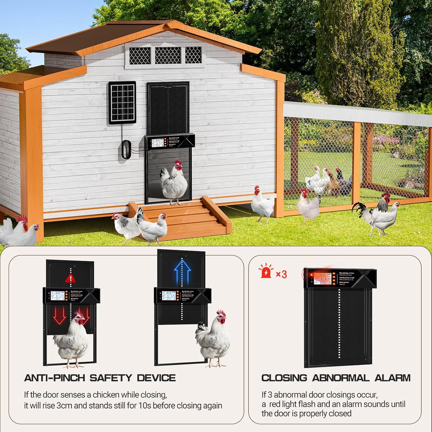 Automatic Chicken Coop Door Solar Powered, Extra Large Auto Chicken Door Mix 4 Modes with Timer & Light Sensor, USB-c Charging, Anti pinch & Alert, Remote, LED Screen, Aluminum Weather Proof Coop Door