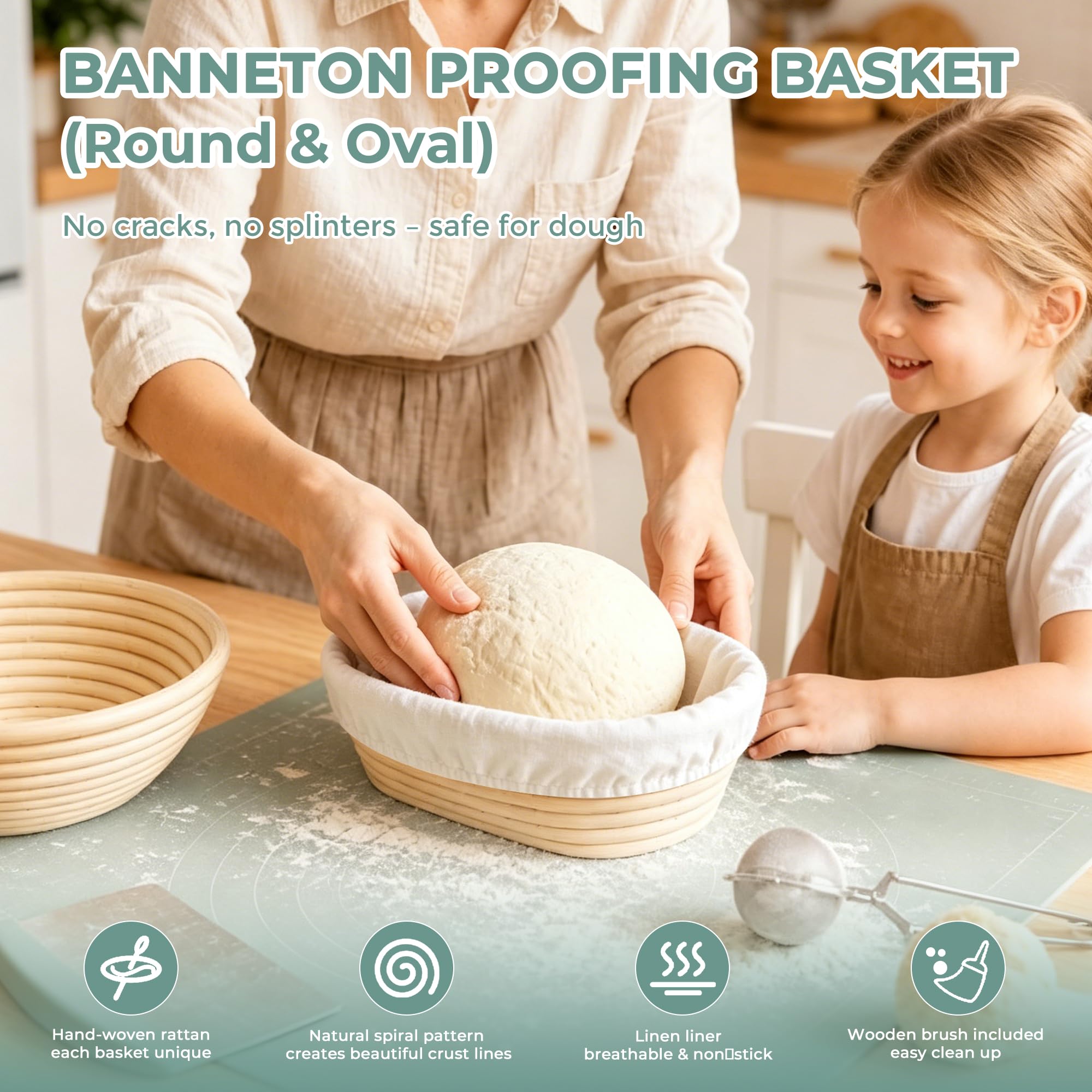 Sauerteig-Starter-Set – Komplettes Brotback-Set mit rundem und ovalem Banneton-Gärkorb, Sauerteigglas, Brotschleifen, Silikonmatte und Teigschabern – Backzubehör als Geschenk für Hobbybäcker